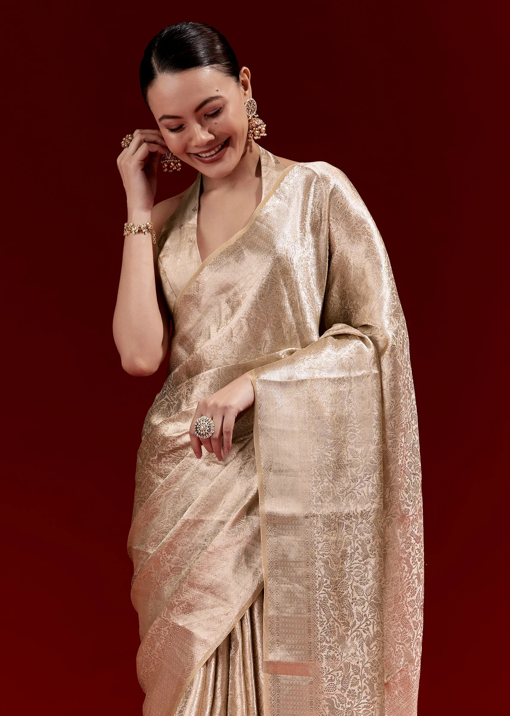 Beige Gold Banarasi Tissue Saree With All Over Floral Zari Weave - Image 5