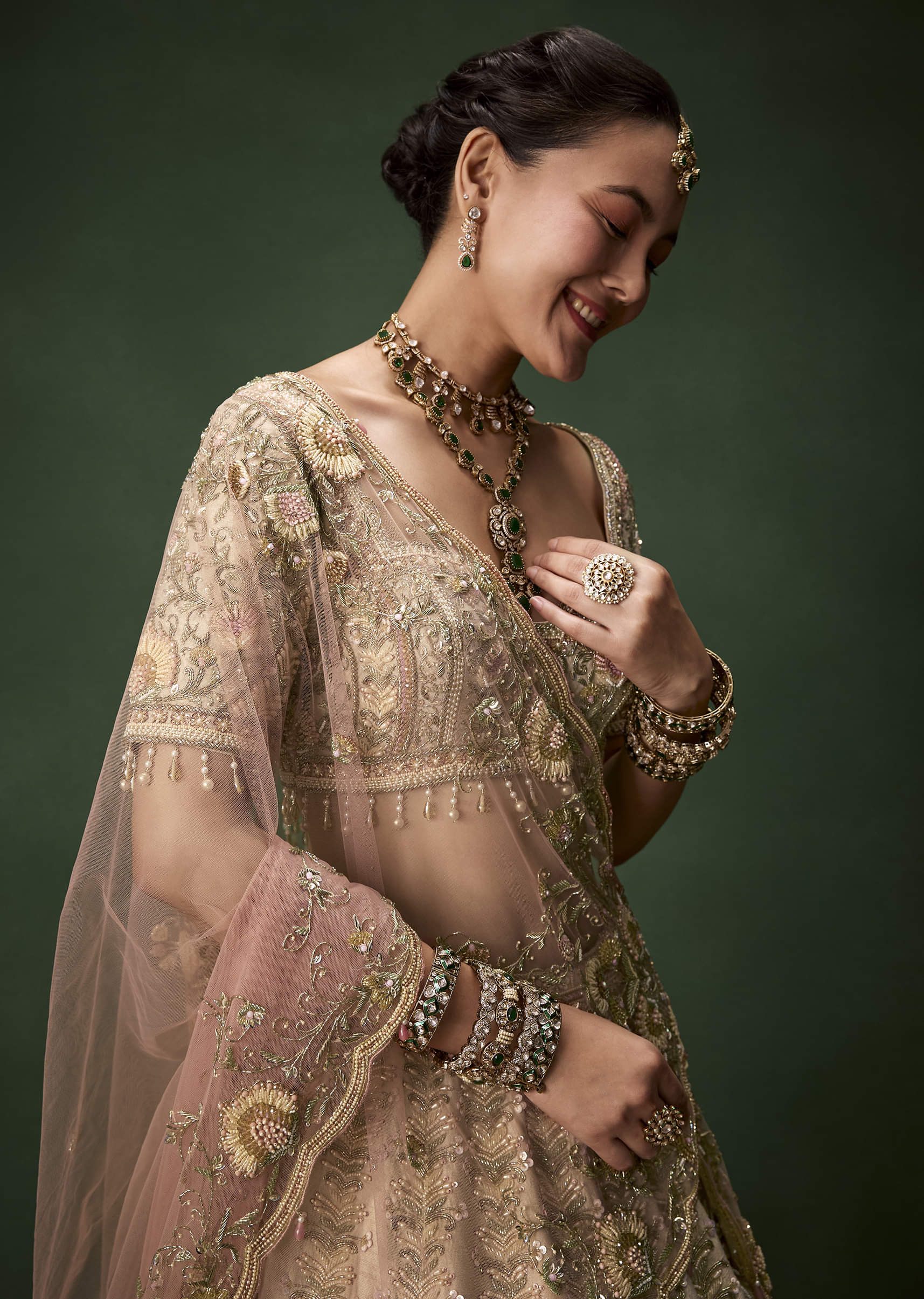 Beige Gold Bridal Raw Silk Lehenga Set with Two Dupattas - Image 3