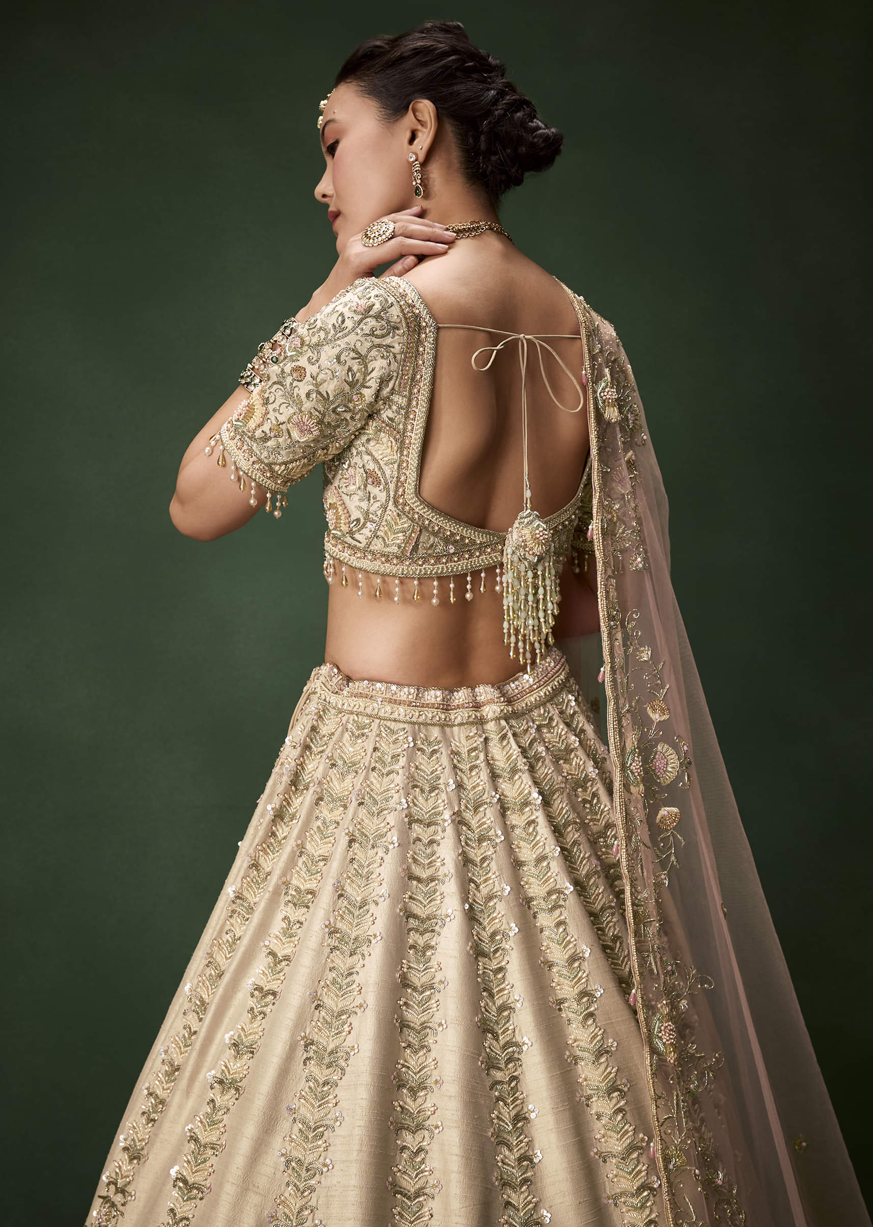 Beige Gold Bridal Raw Silk Lehenga Set with Two Dupattas - Image 5