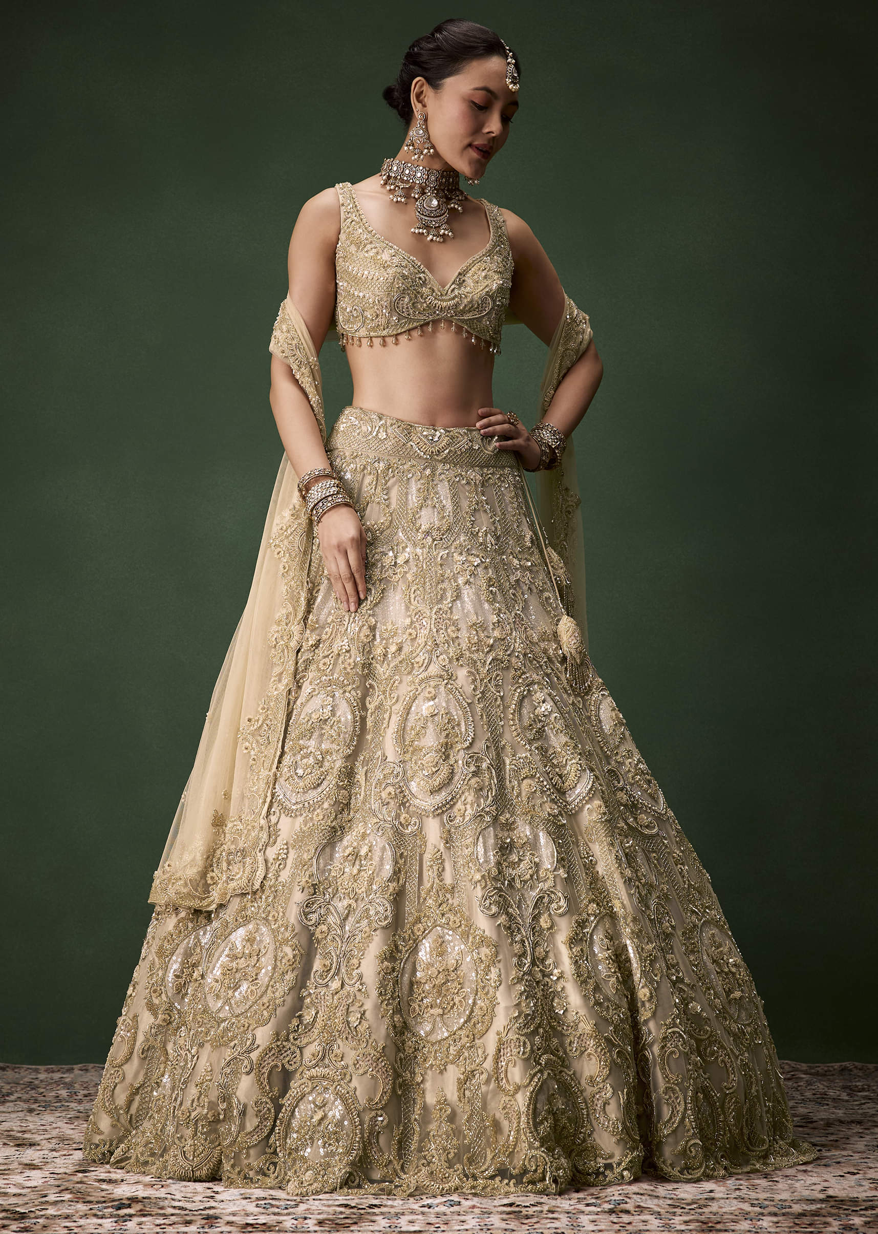 Beige Gold Heavy Work Bridal Lehenga Set with Two Dupattas - Image 4