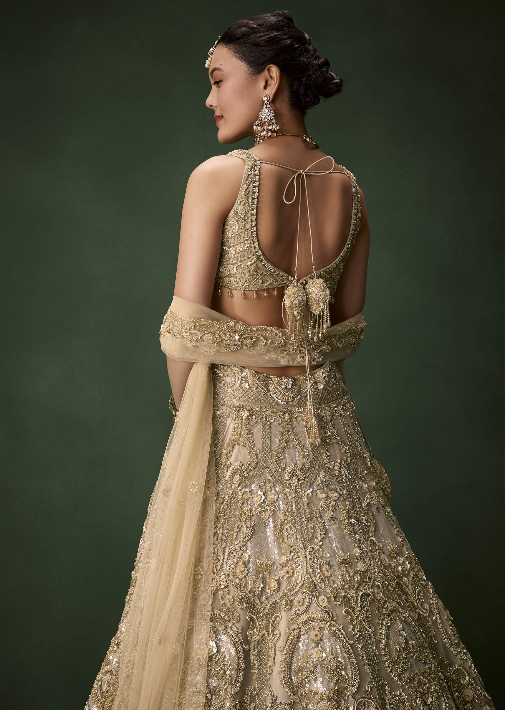 Beige Gold Heavy Work Bridal Lehenga Set with Two Dupattas - Image 5