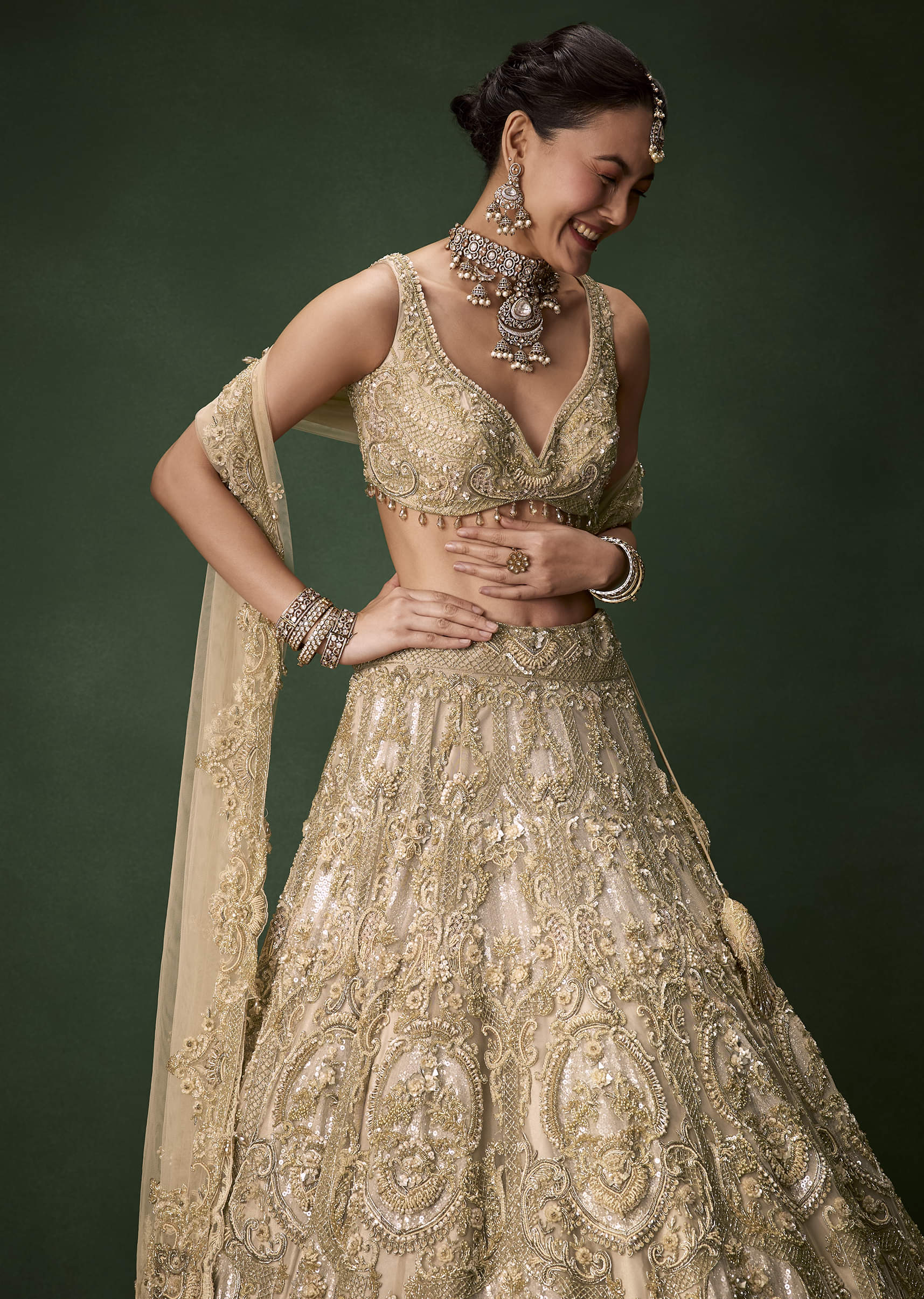 Beige Gold Heavy Work Bridal Lehenga Set with Two Dupattas - Image 6
