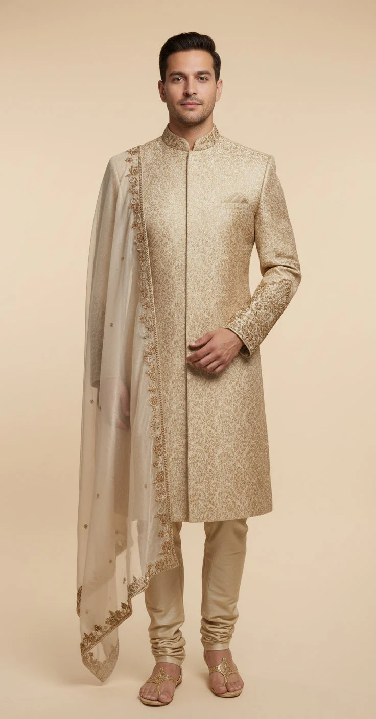 Beige Gold Sherwani - Image 2