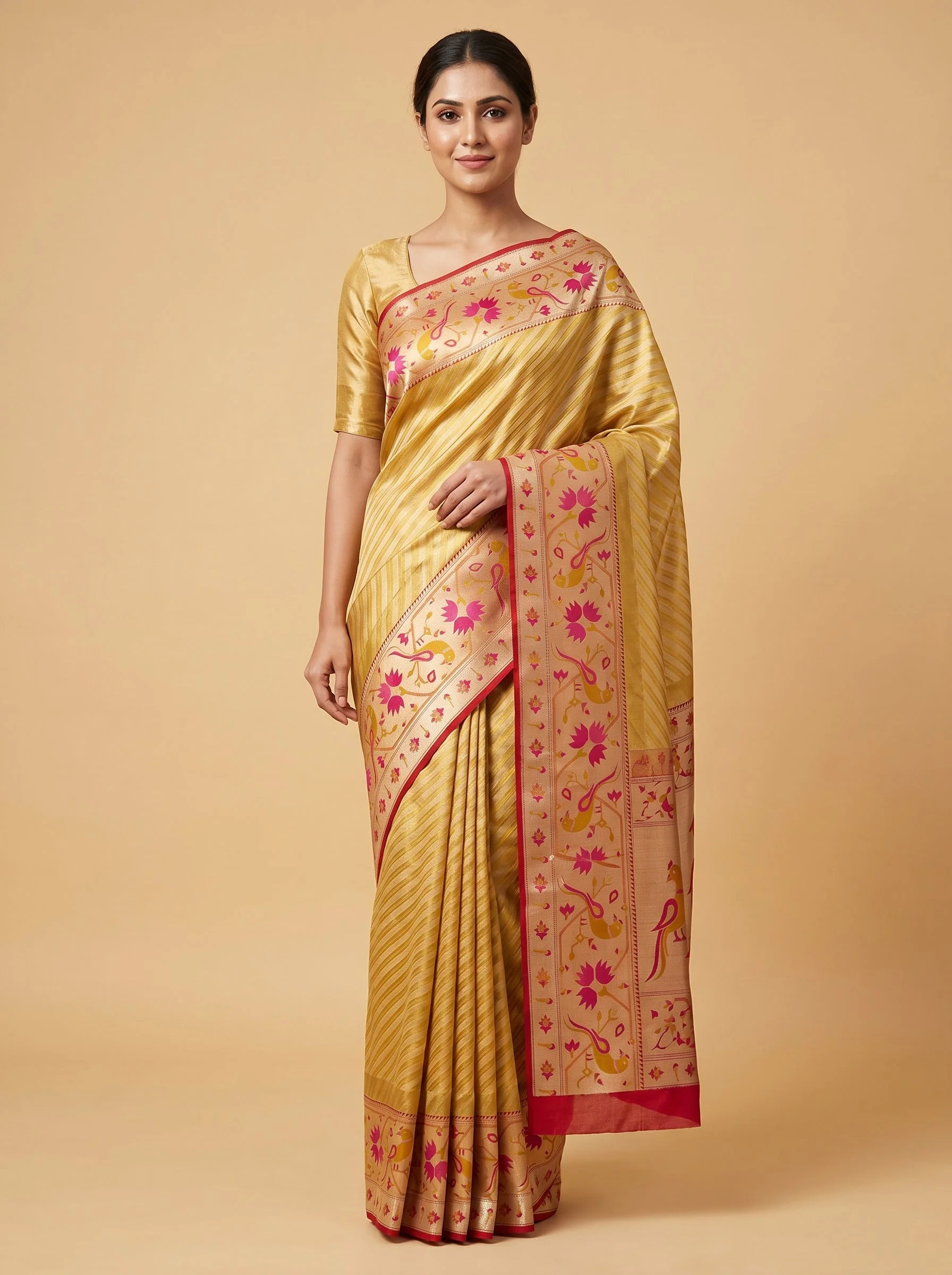 Beige Gold Soft Fusion Handloom Saree
