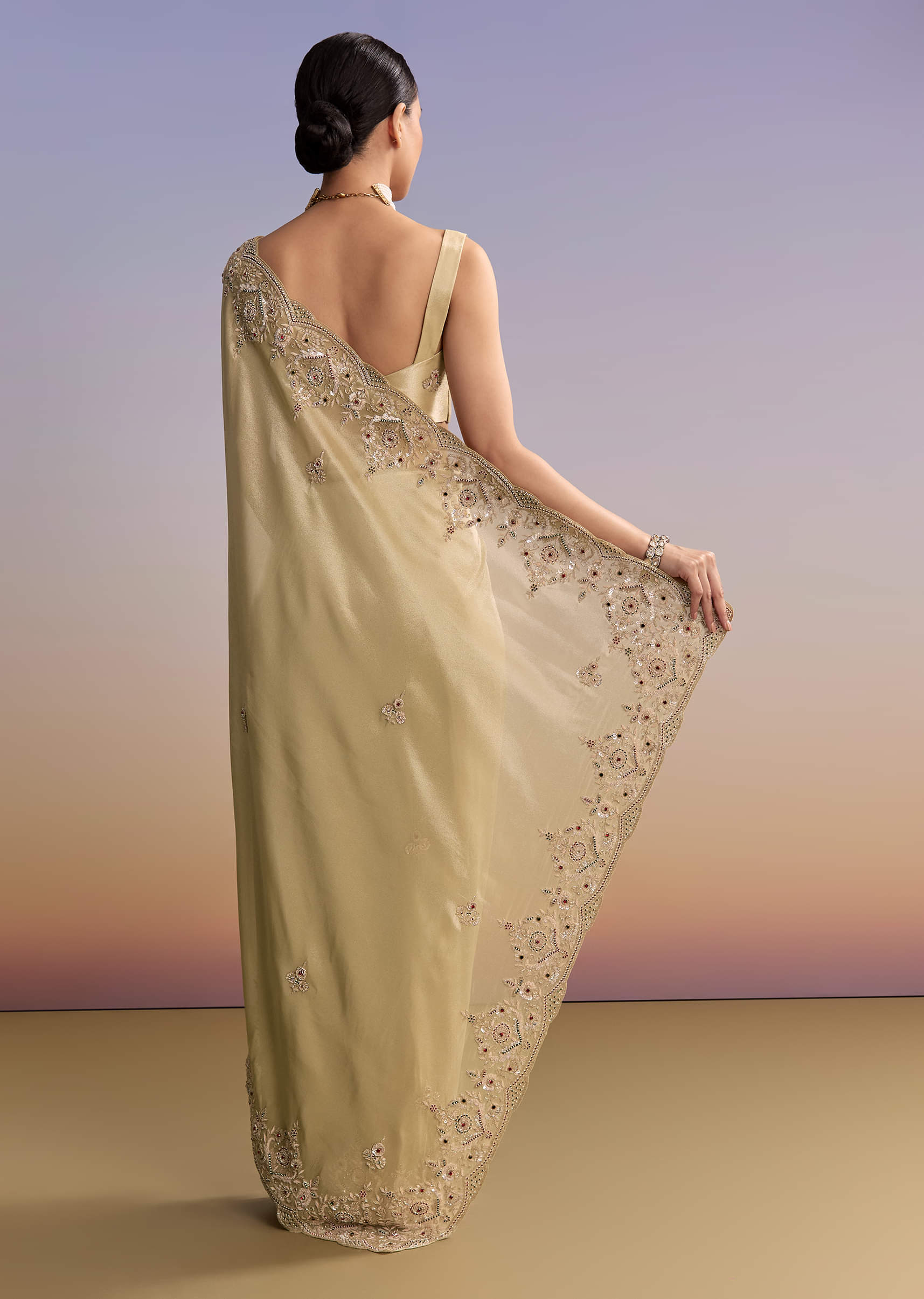 Beige Gold Tissue Embroidered Saree With Zardosi And Stone Work - Image 4