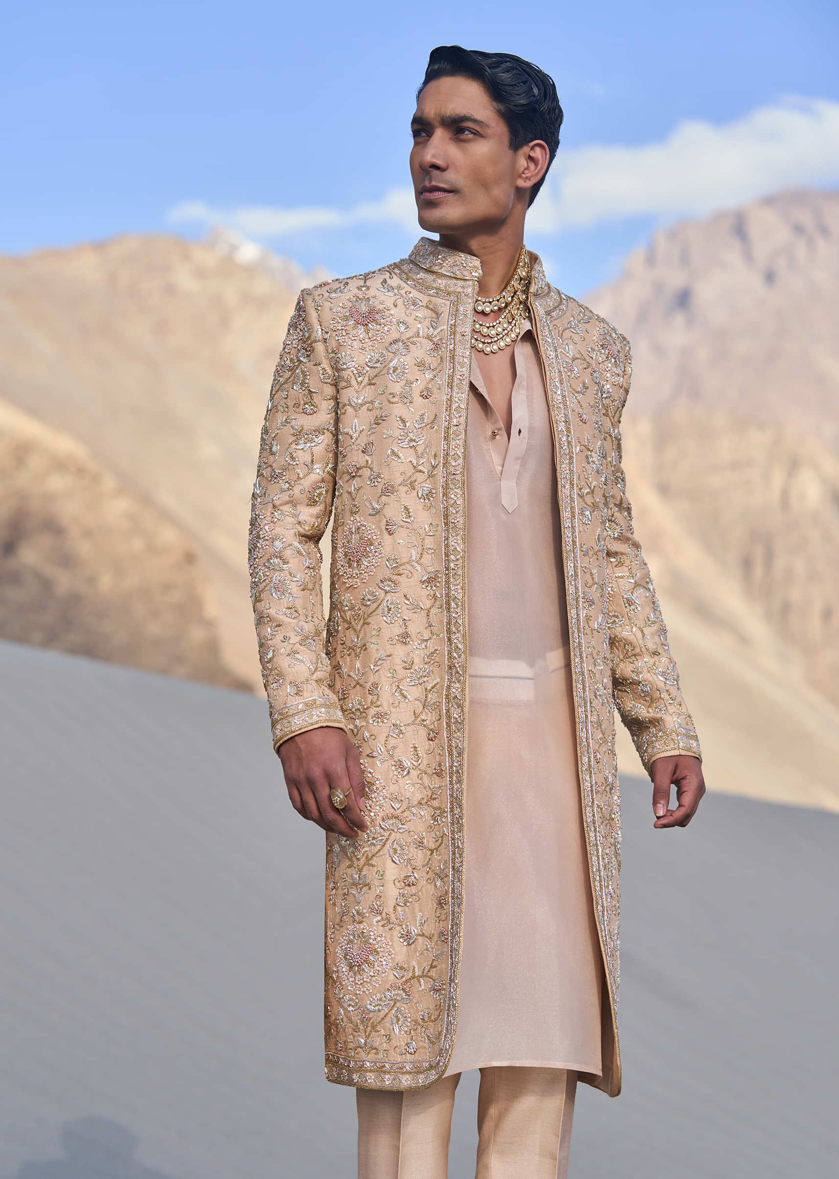 Beige Gold Zardosi Sherwani Set With Stole Dupatta - Image 3