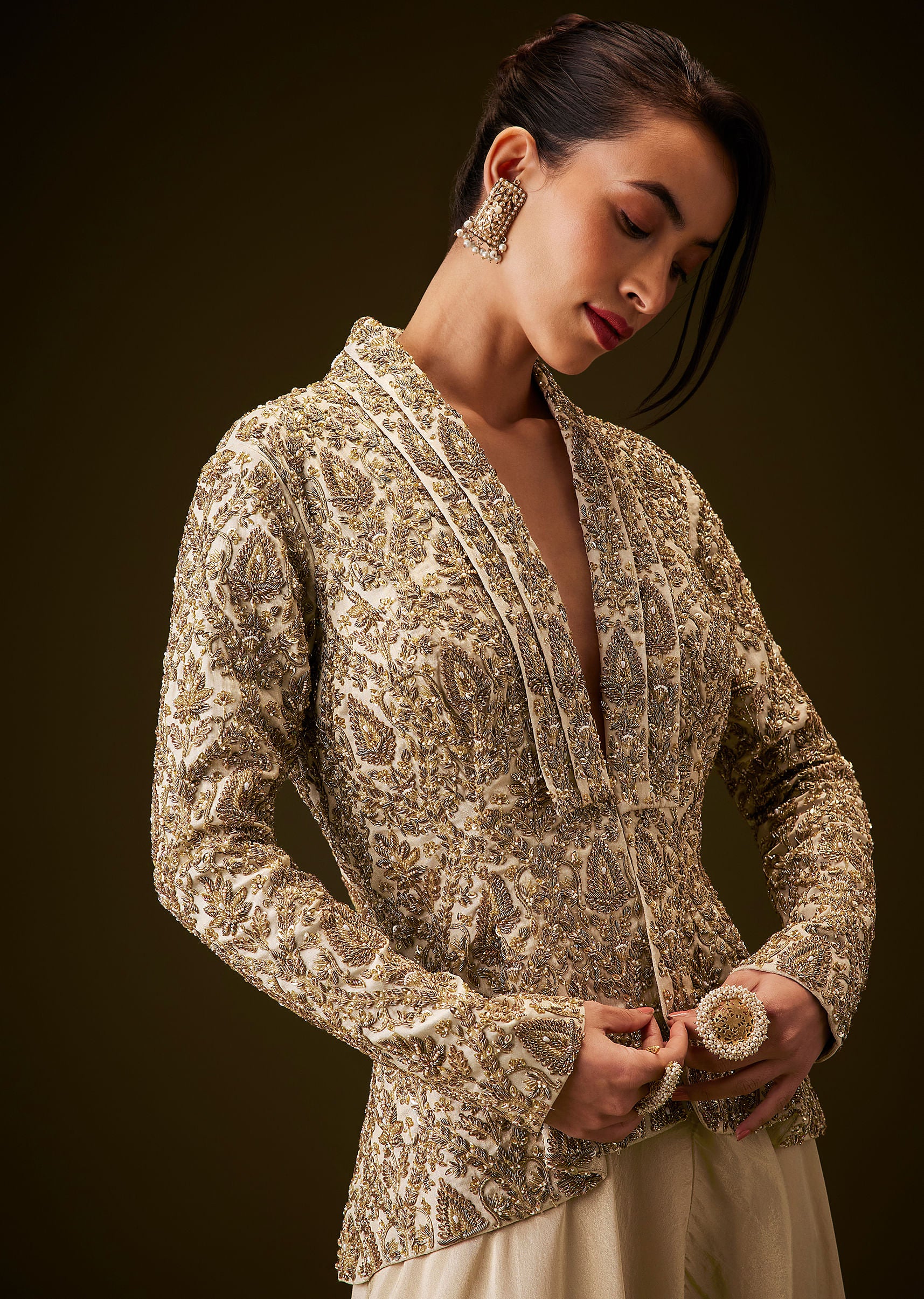 Beige Gold Zardozi Embroidered Peplum Jacket With Palazzo - Image 2