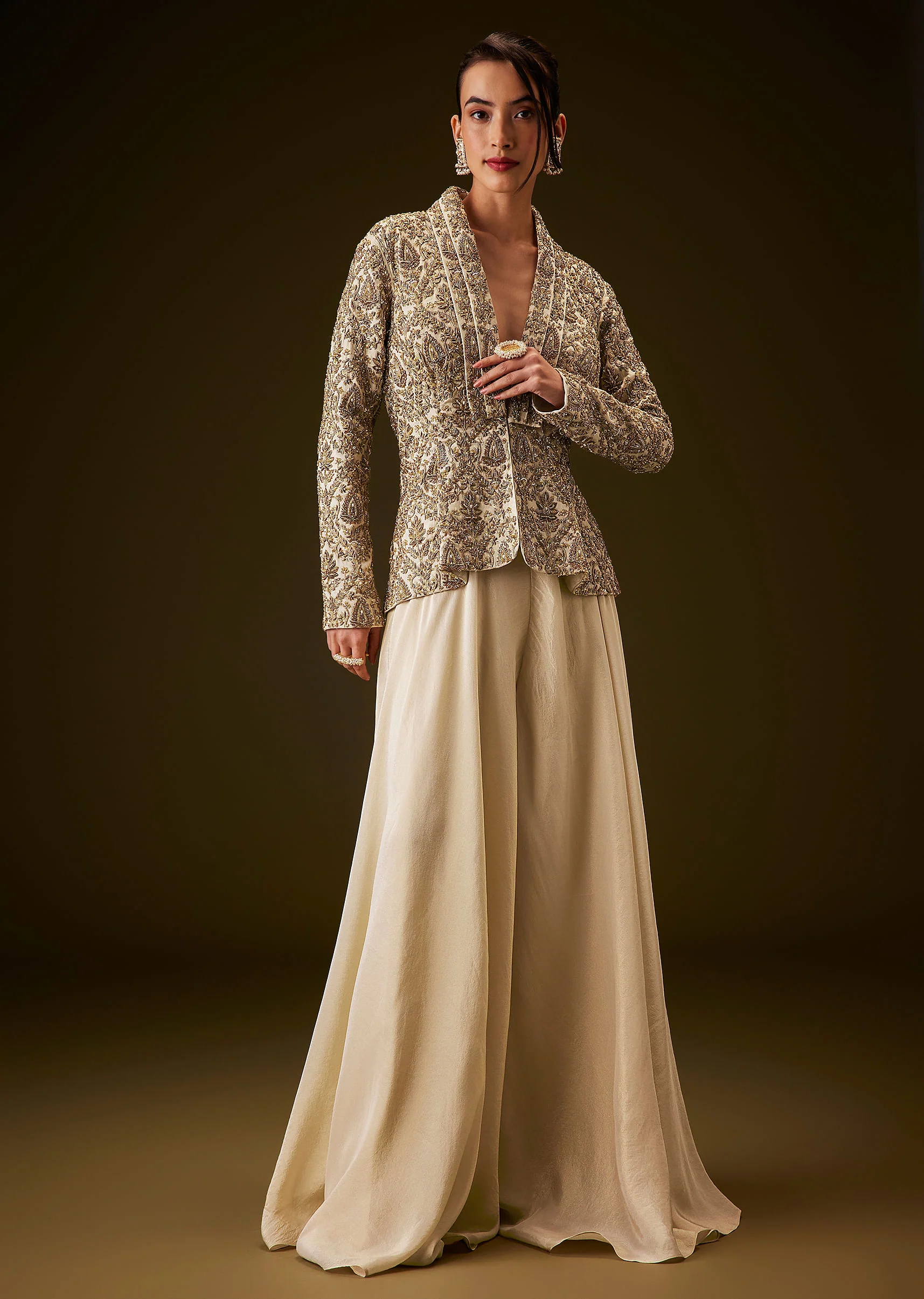 Beige Gold Zardozi Embroidered Peplum Jacket With Palazzo - Image 3