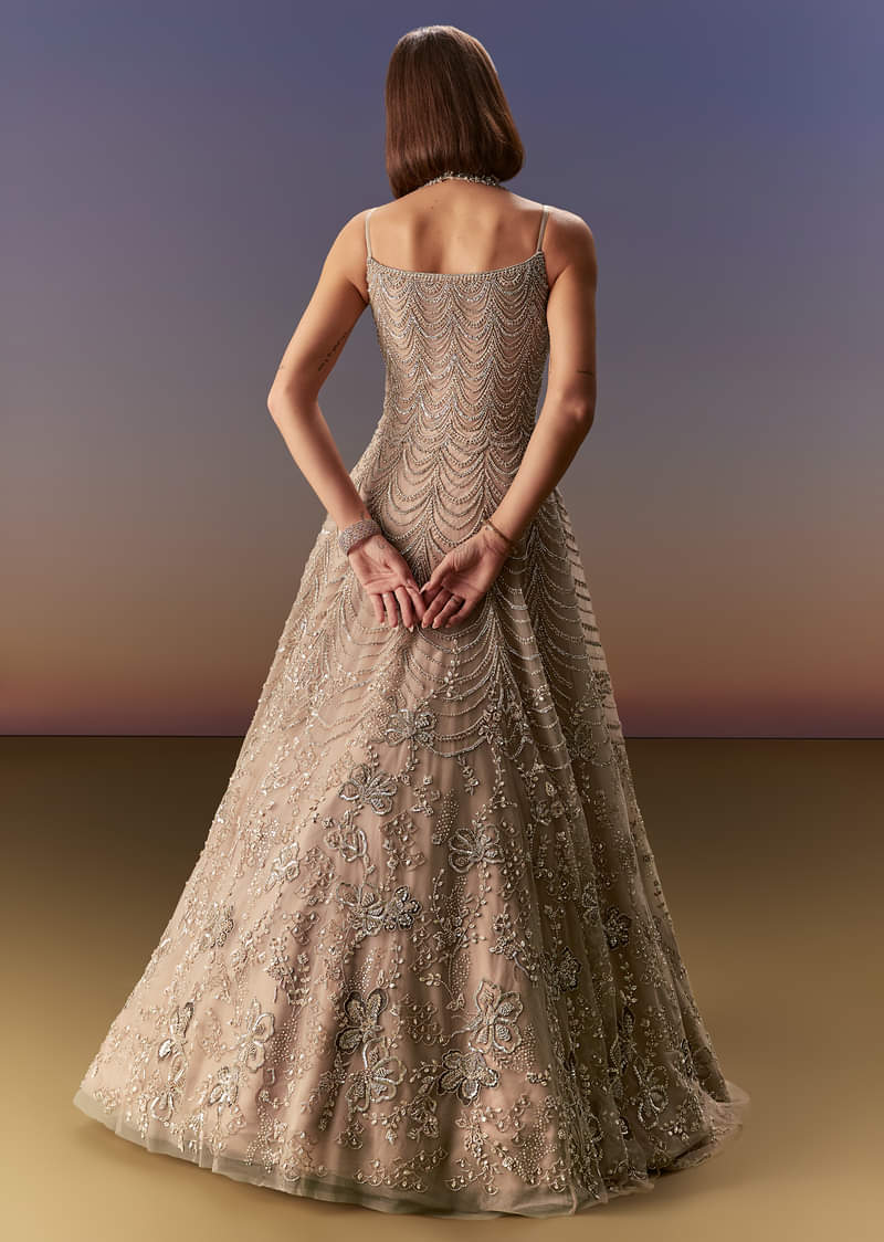 Beige Gown With All Over Sequin Bead And Cut Dana Embroidery - Image 2