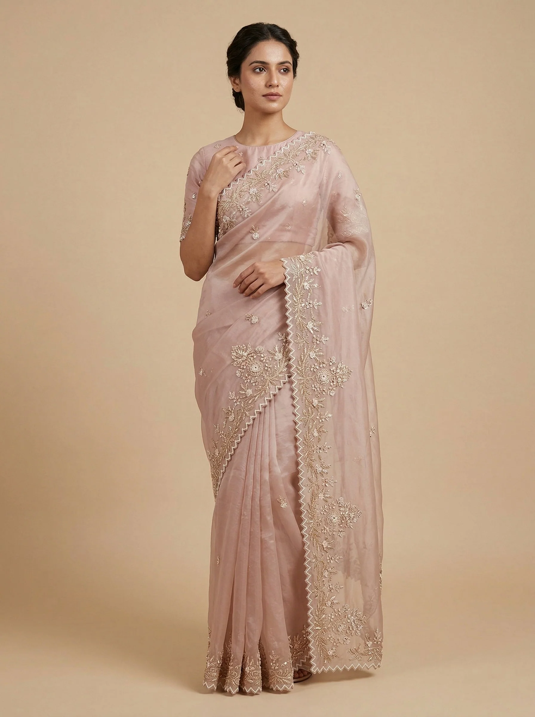 Beige Graceful Embroidered Saree