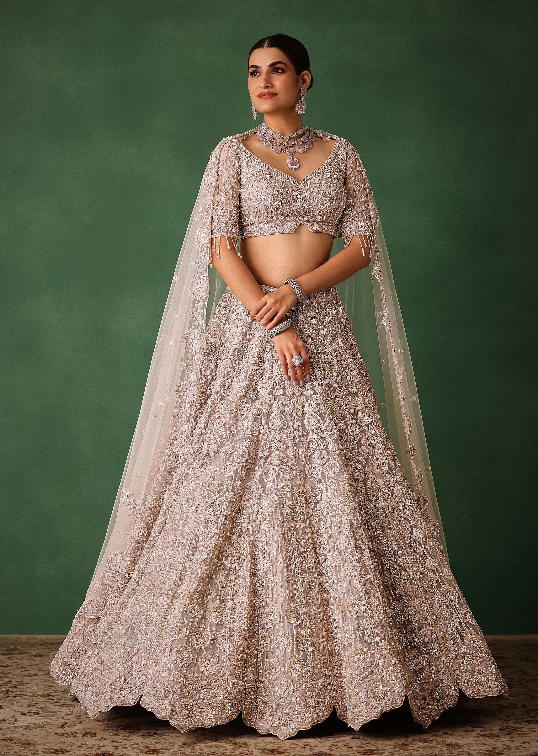 Beige Hand Embroidered Floral Lehenga With Blouse And Dupatta - Image 3