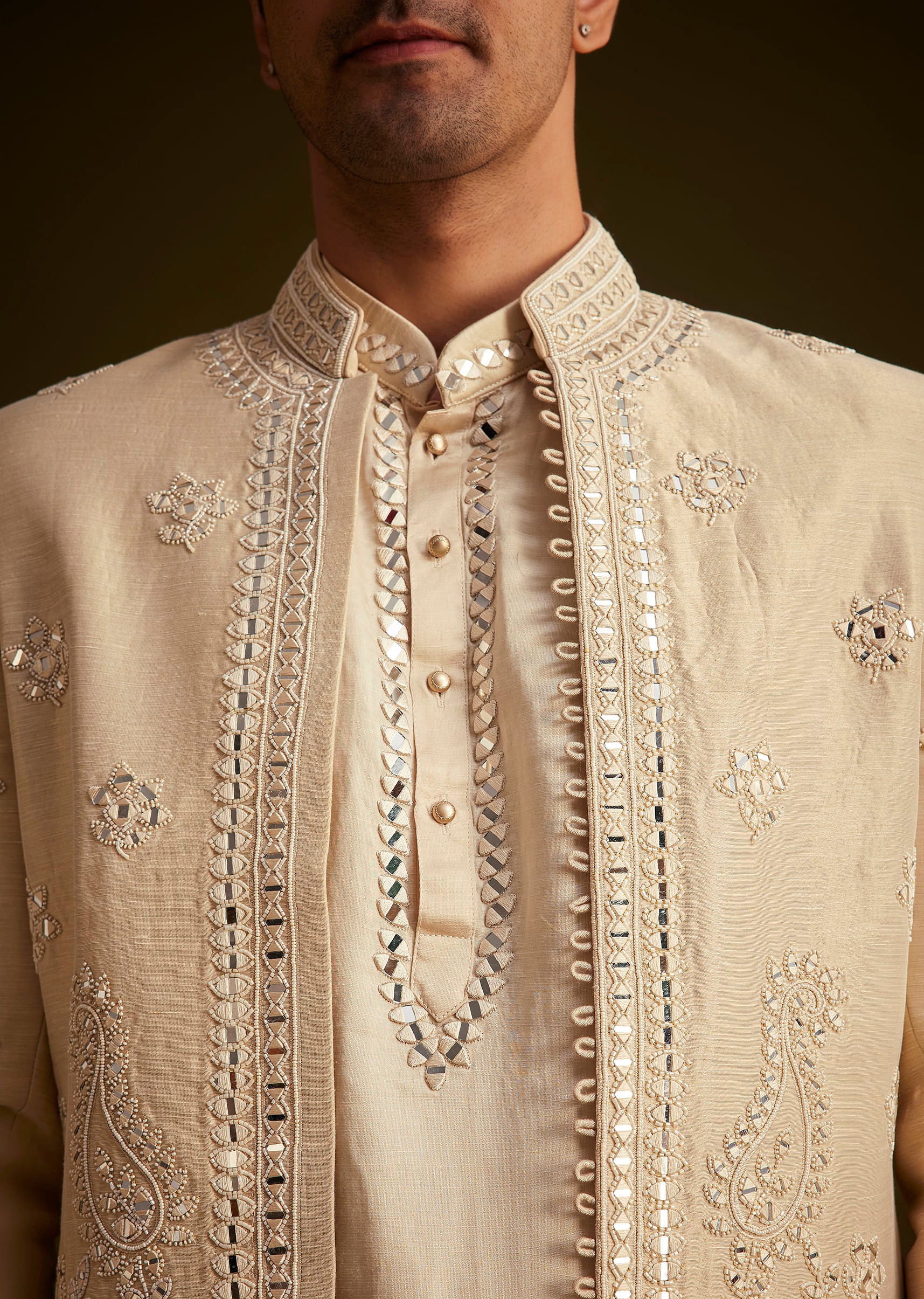 Beige Hand Embroidered Sherwani Set - Image 2