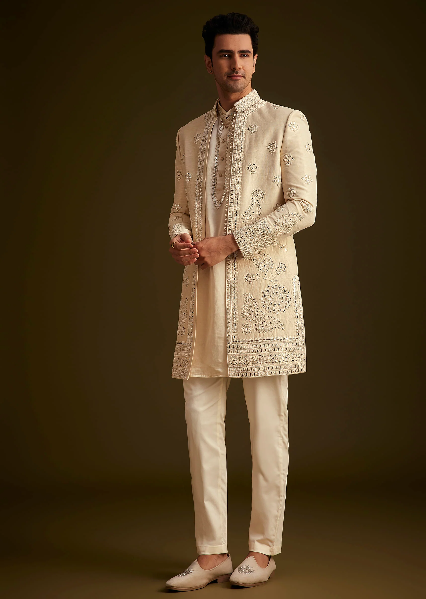 Beige Hand Embroidered Sherwani Set - Image 3
