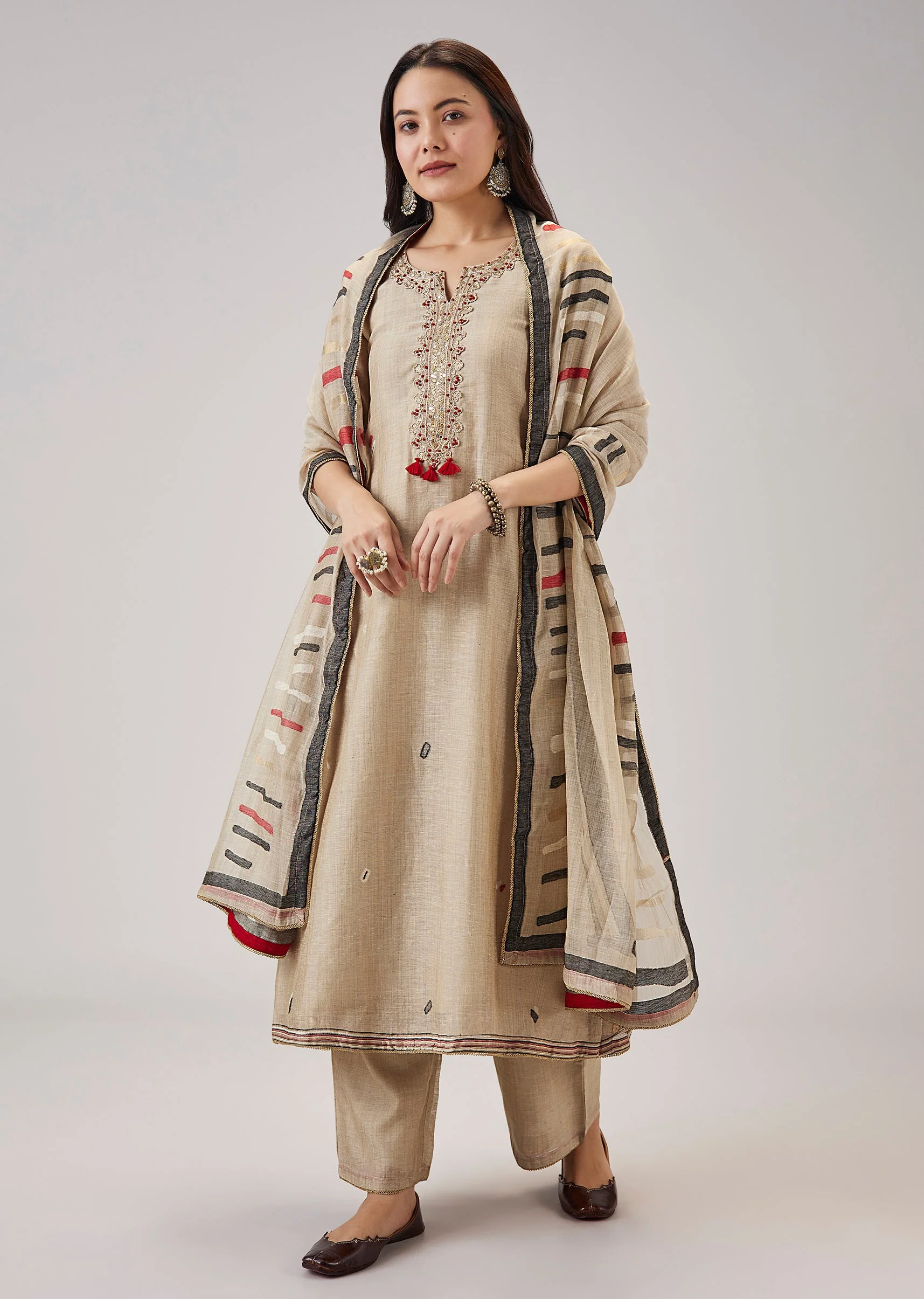 Beige Handwork Chanderi Kurta Set