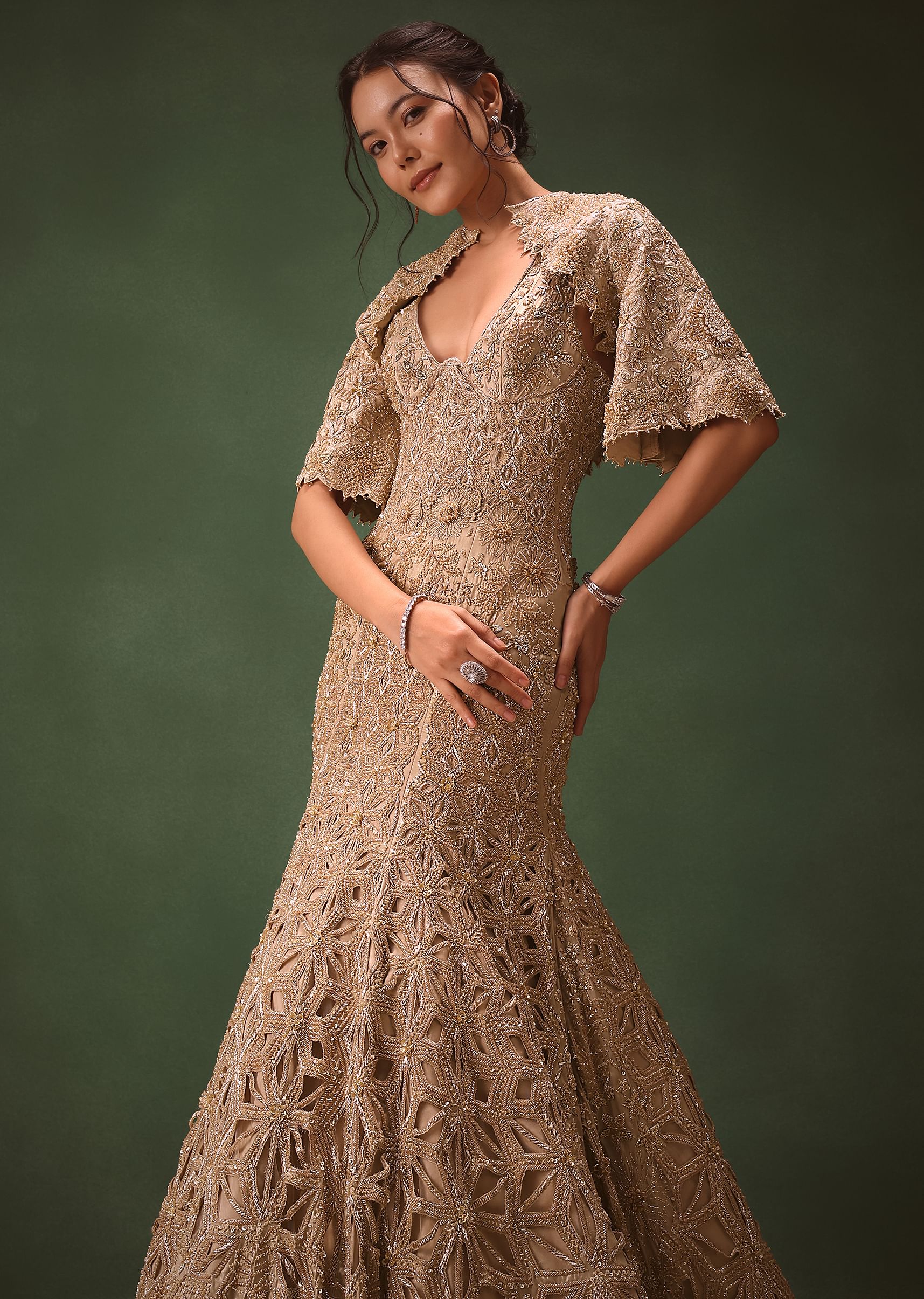 Beige Heavy Embroidered Gown With Jacket - Image 3