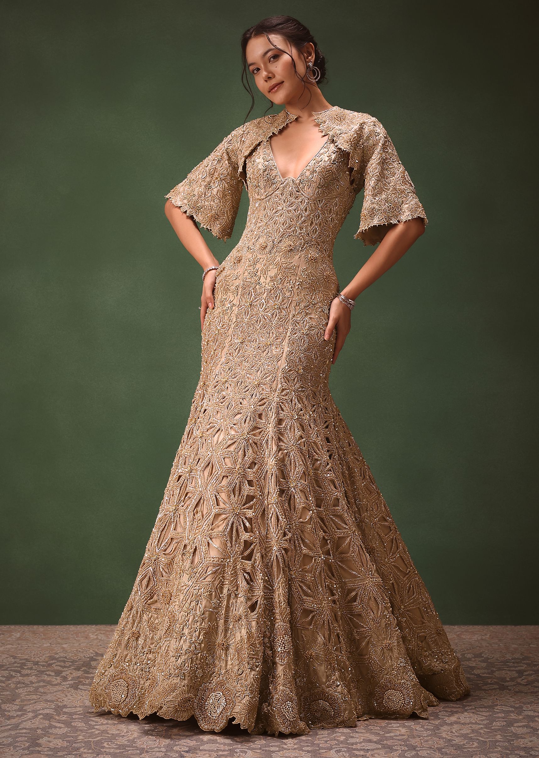 Beige Heavy Embroidered Gown With Jacket - Image 4