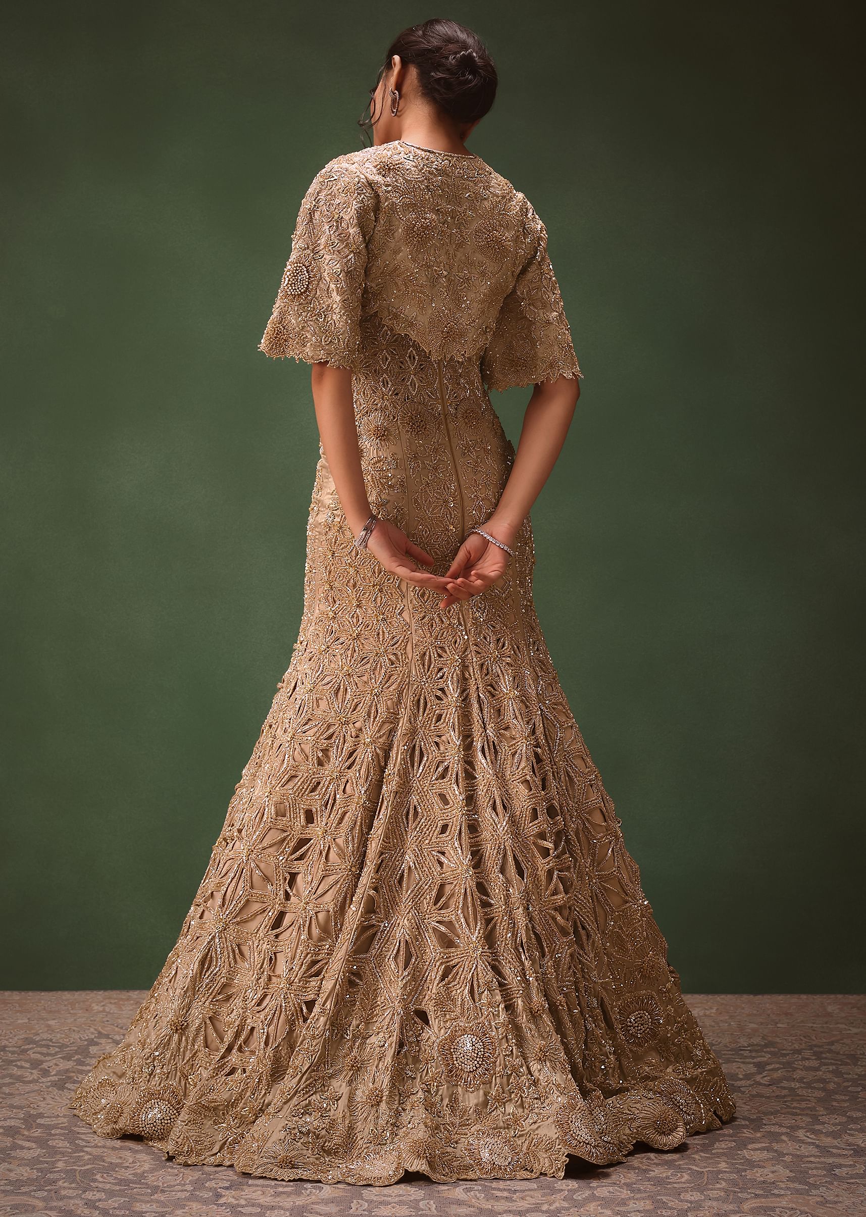 Beige Heavy Embroidered Gown With Jacket - Image 6