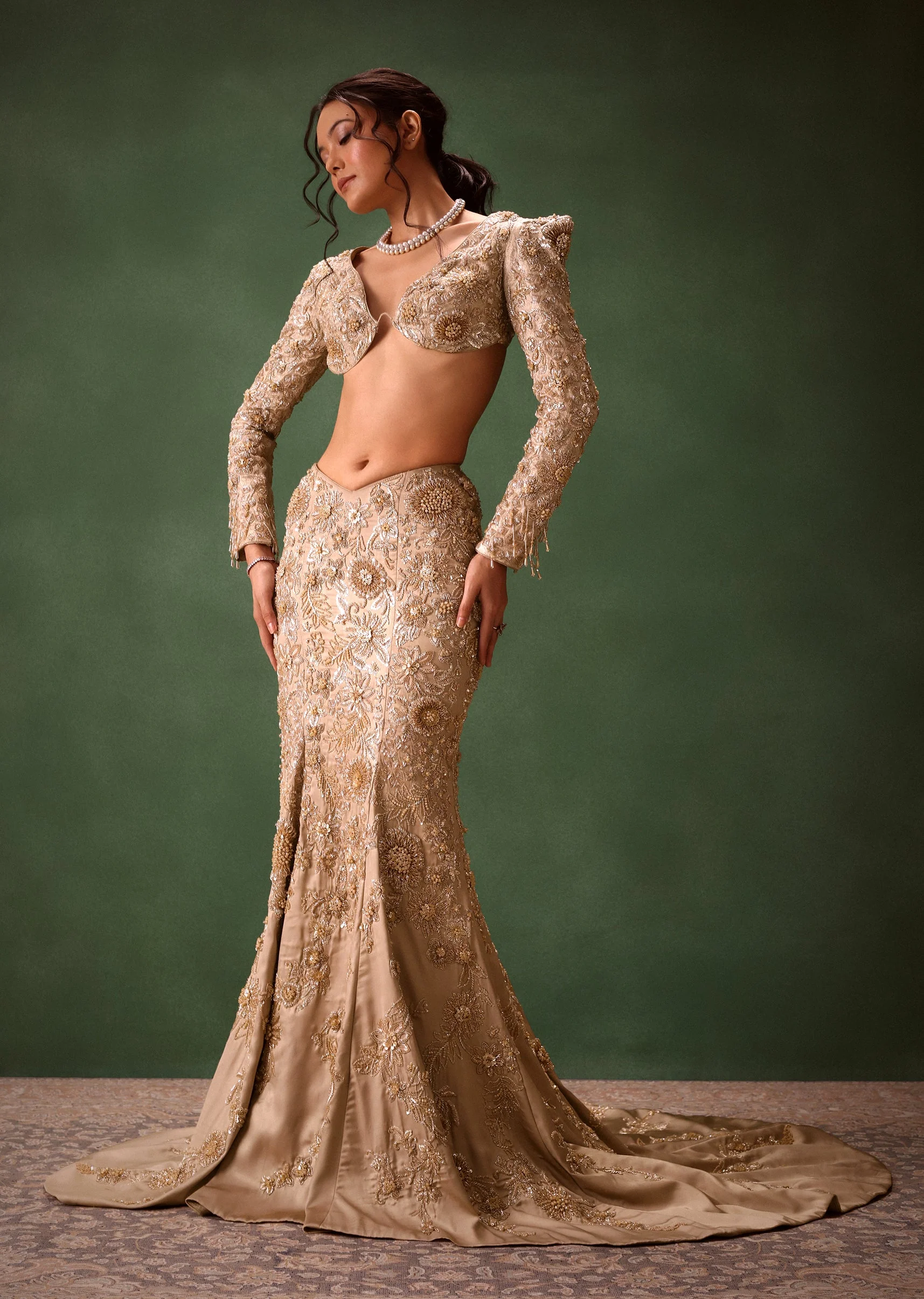 Beige Heavy Embroidered Skirt Suit With Full Sleeves V Neck Blouse - Image 2