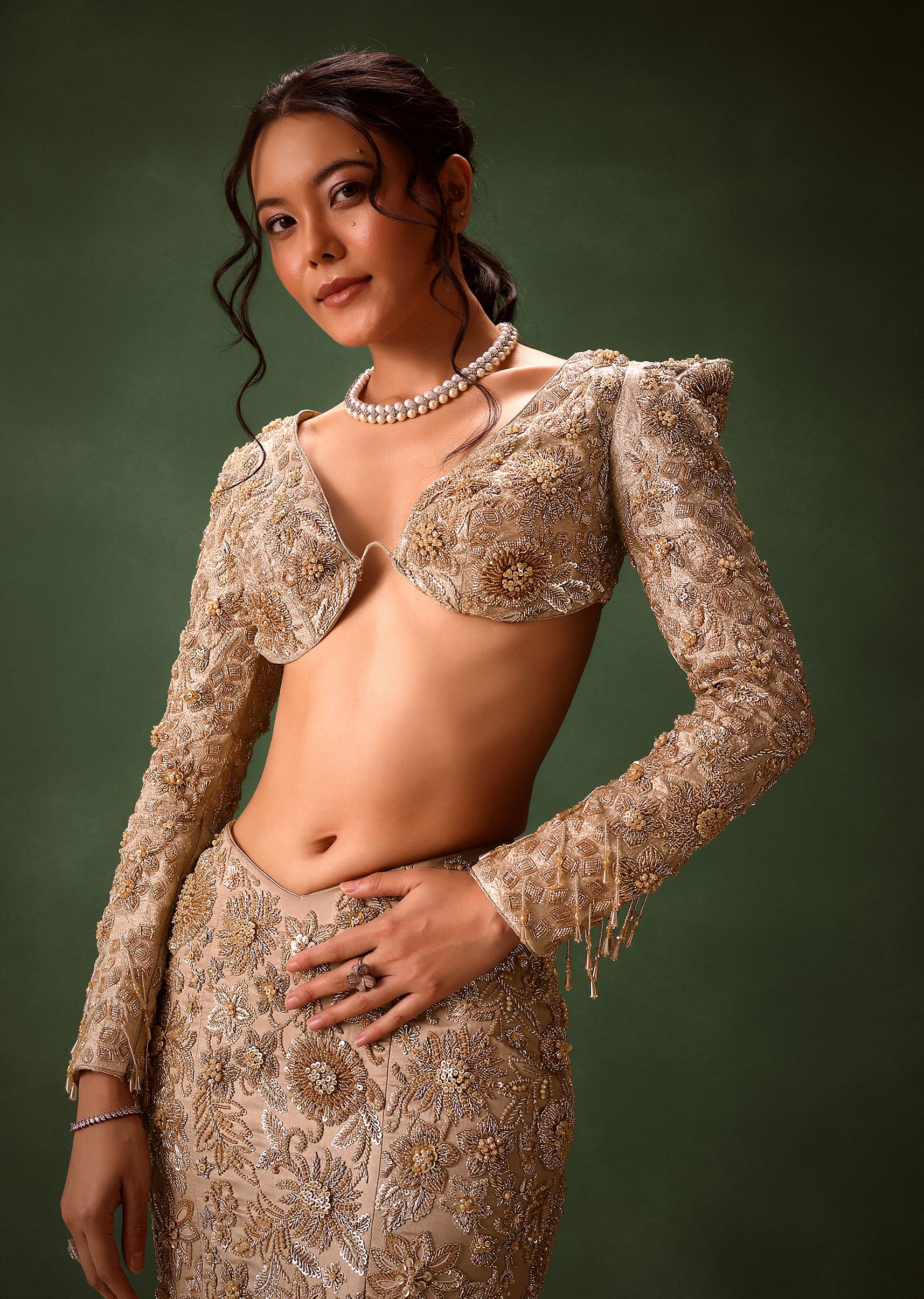 Beige Heavy Embroidered Skirt Suit With Full Sleeves V Neck Blouse - Image 3
