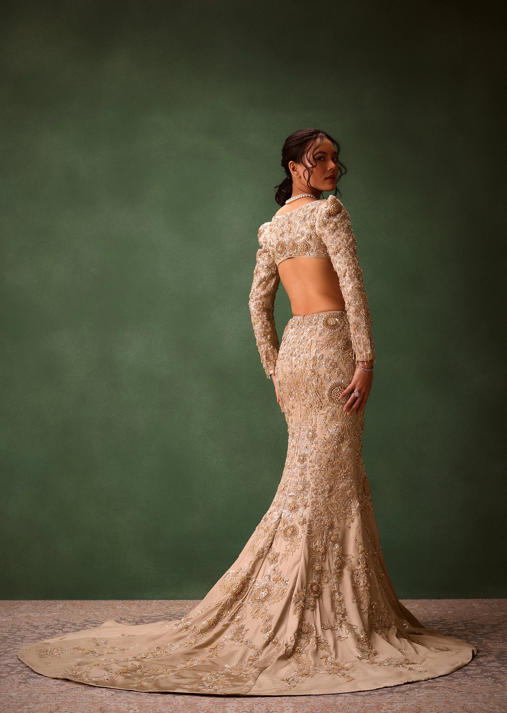 Beige Heavy Embroidered Skirt Suit With Full Sleeves V Neck Blouse - Image 5