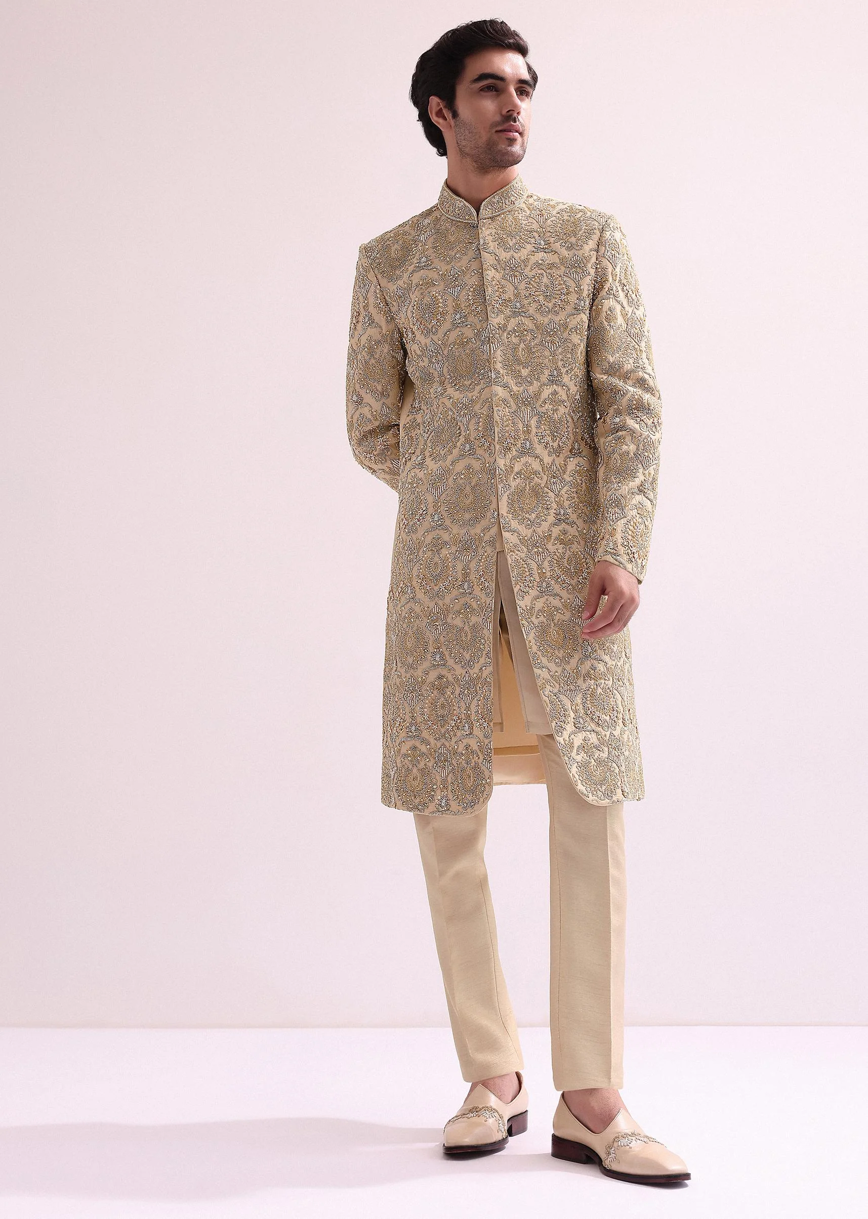 Beige High Collar Silk Sherwani And Kurta Set - Image 3
