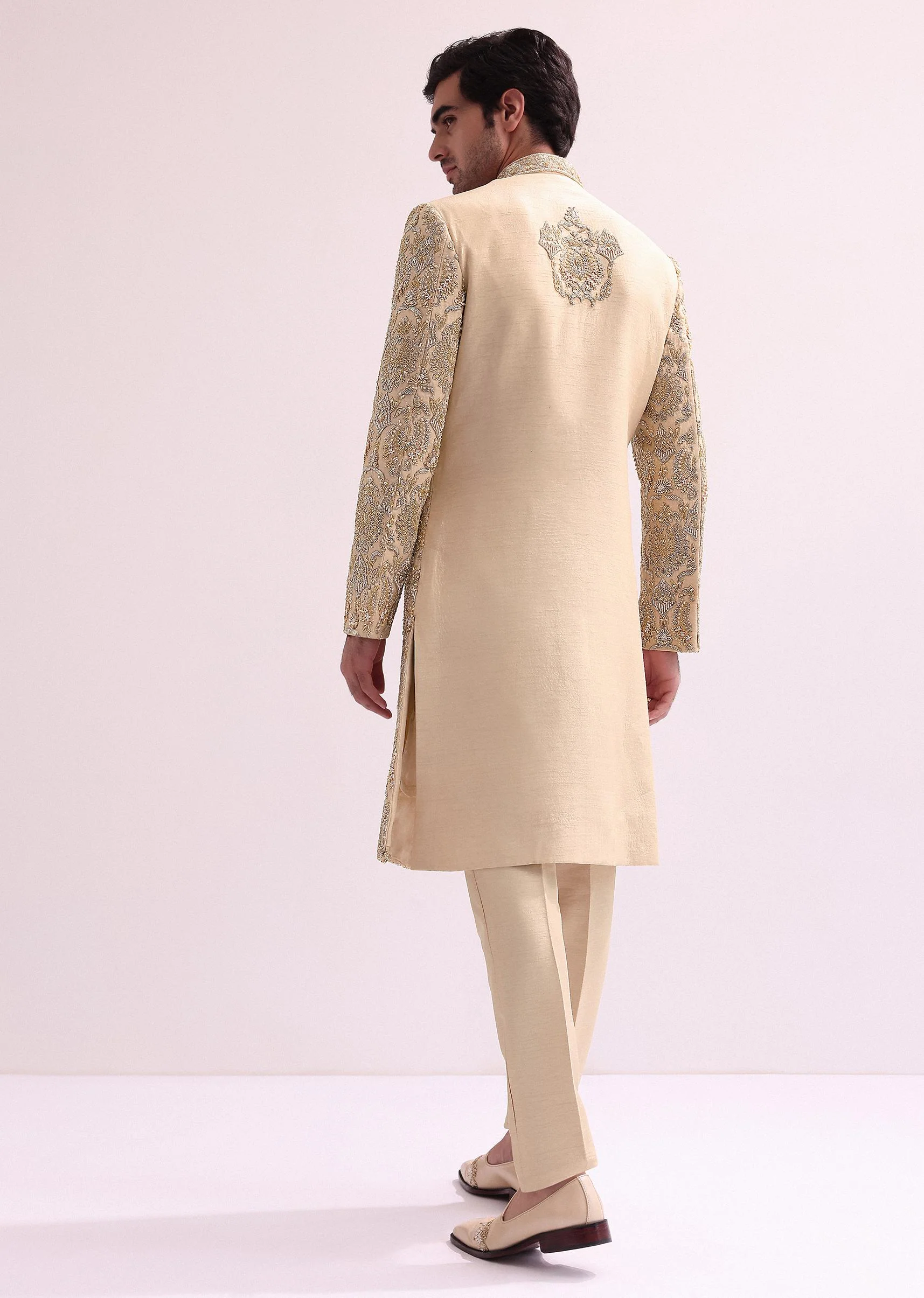 Beige High Collar Silk Sherwani And Kurta Set - Image 5