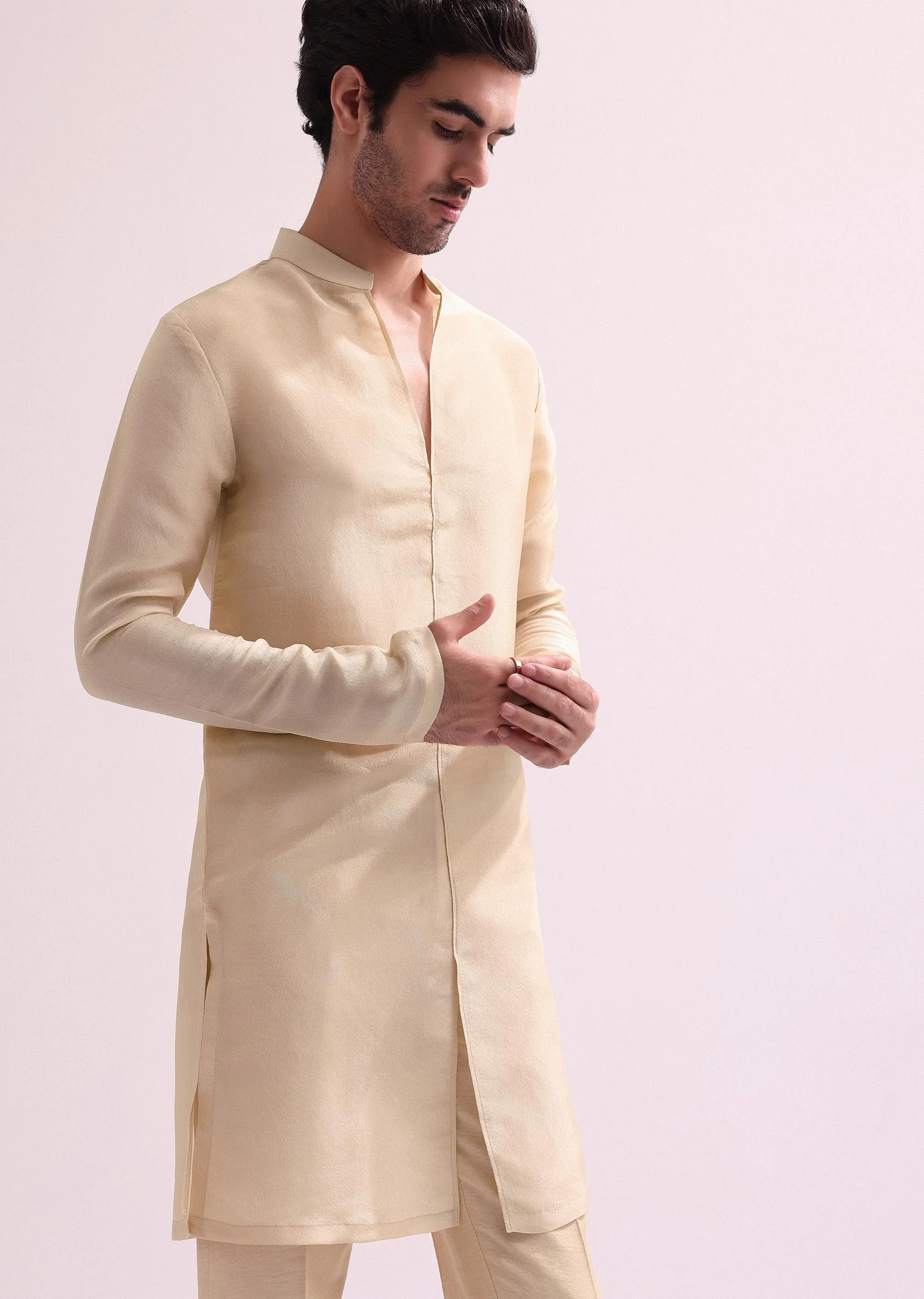 Beige High Collar Silk Sherwani And Kurta Set - Image 7
