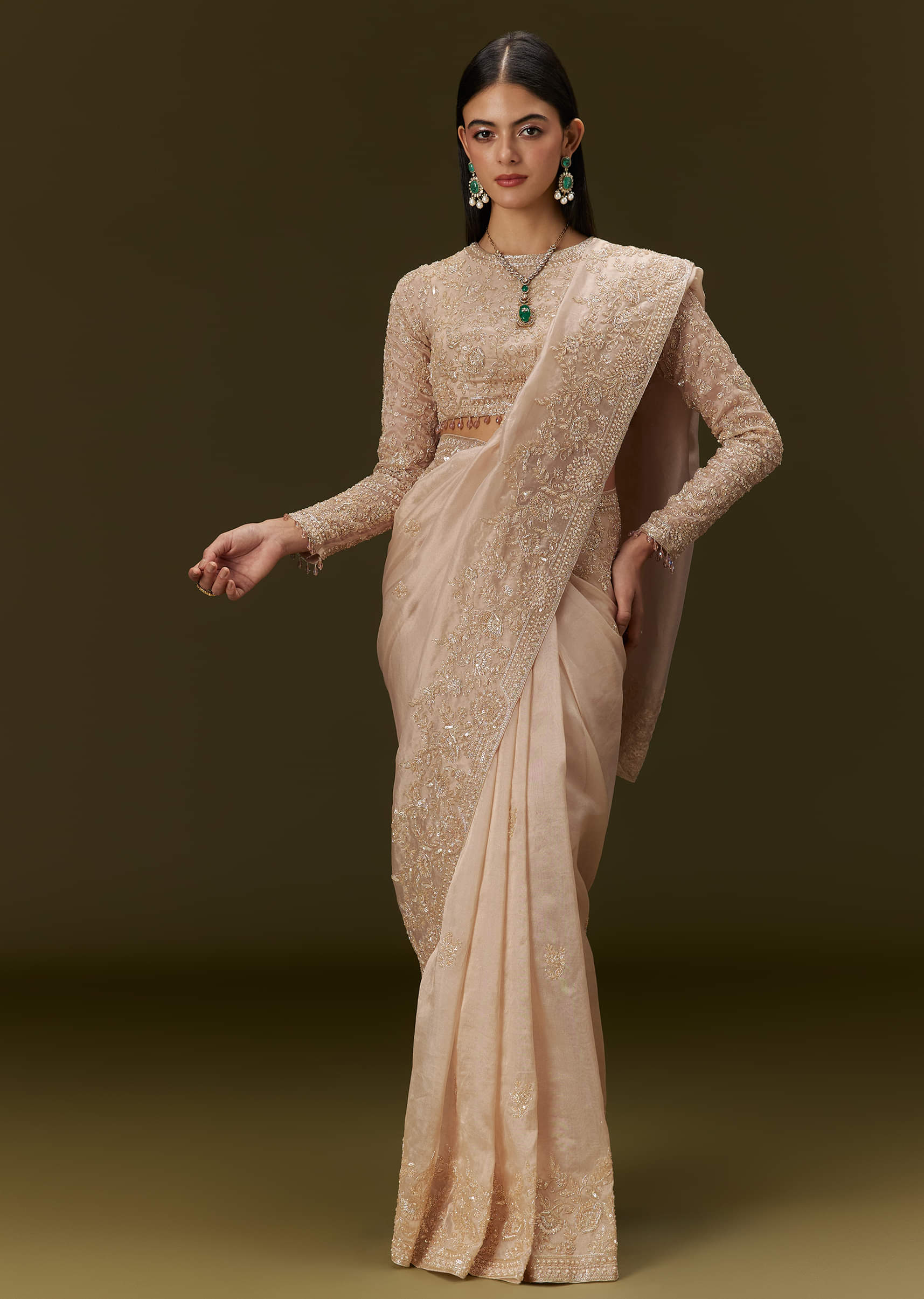 Beige Ivory Tissue Saree With Velvet Embroidered Blouse - Image 5