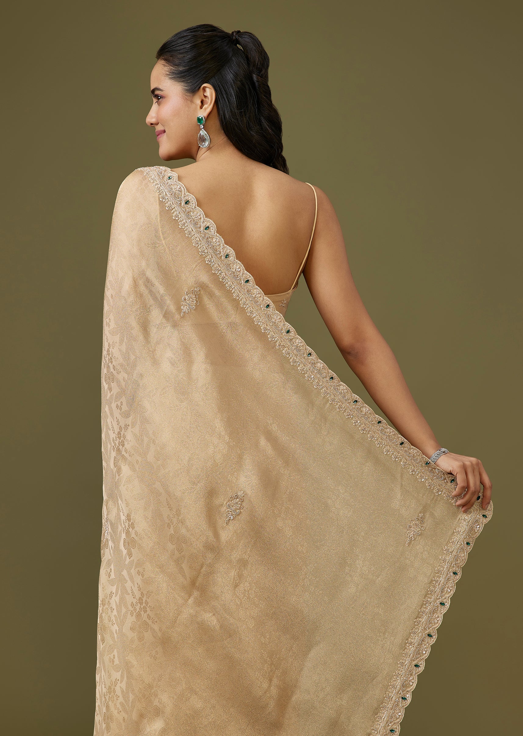 Beige Jacquard Dola Silk Saree - Image 6