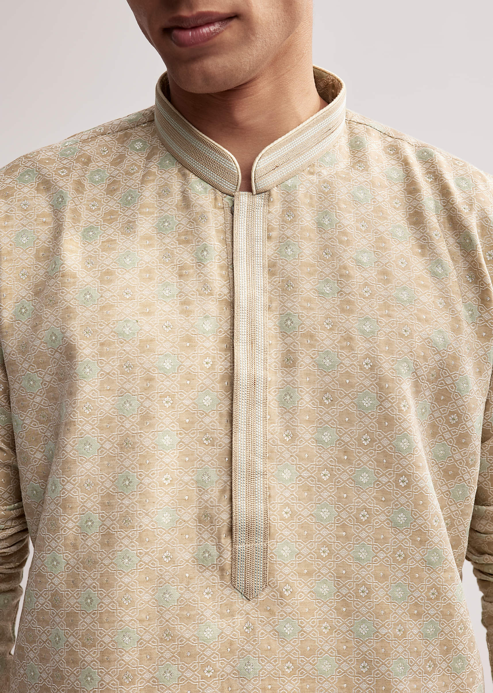 Beige Jacquard Kurta Set For Men With Subtle Weave - Image 3