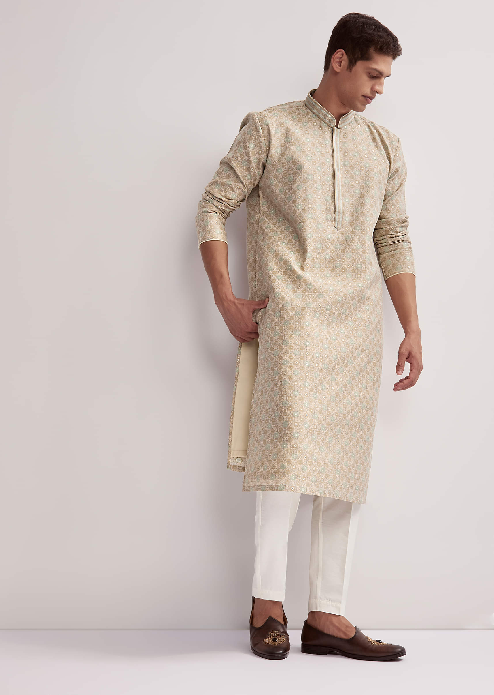 Beige Jacquard Kurta Set For Men With Subtle Weave - Image 4