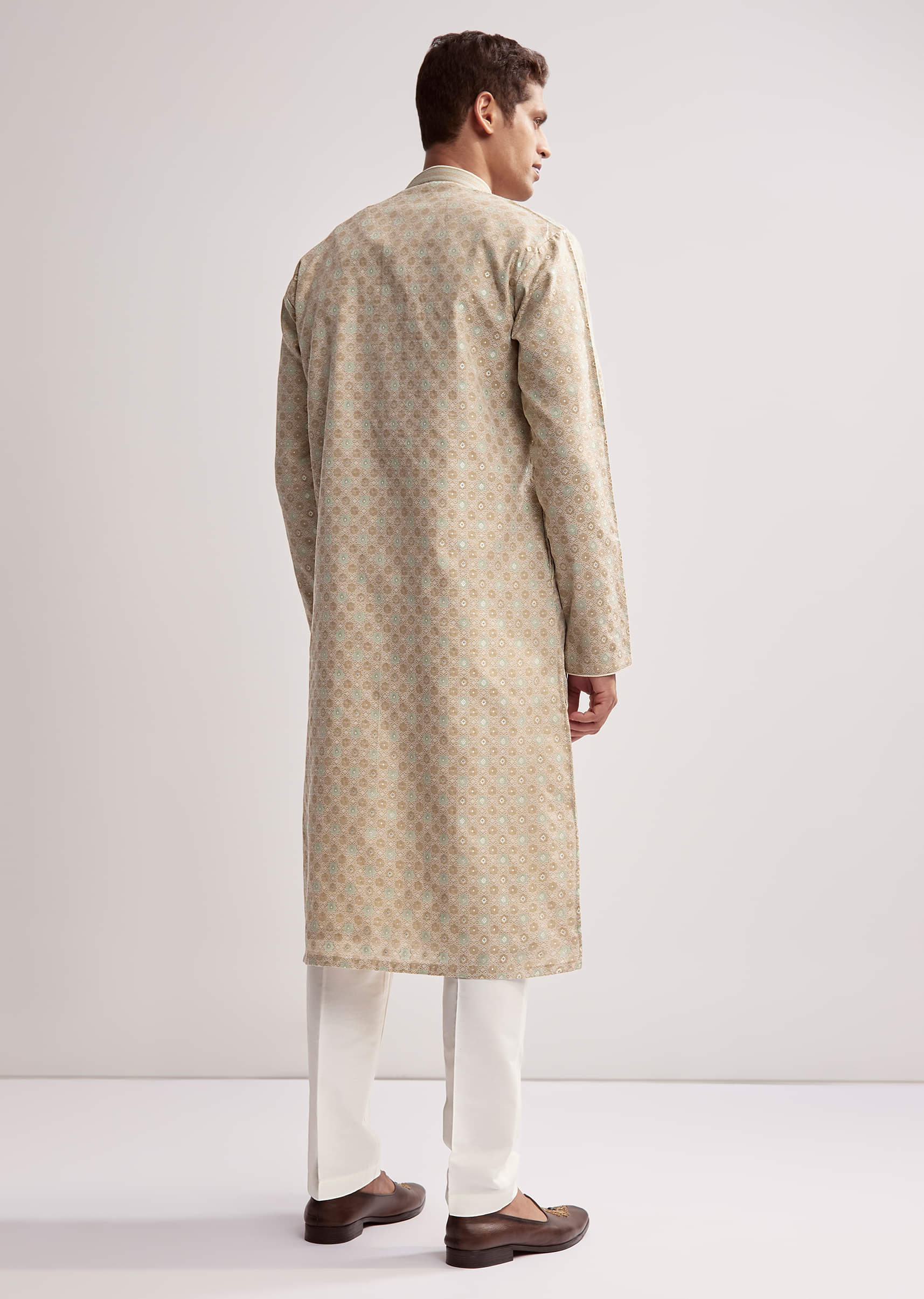 Beige Jacquard Kurta Set For Men With Subtle Weave - Image 5