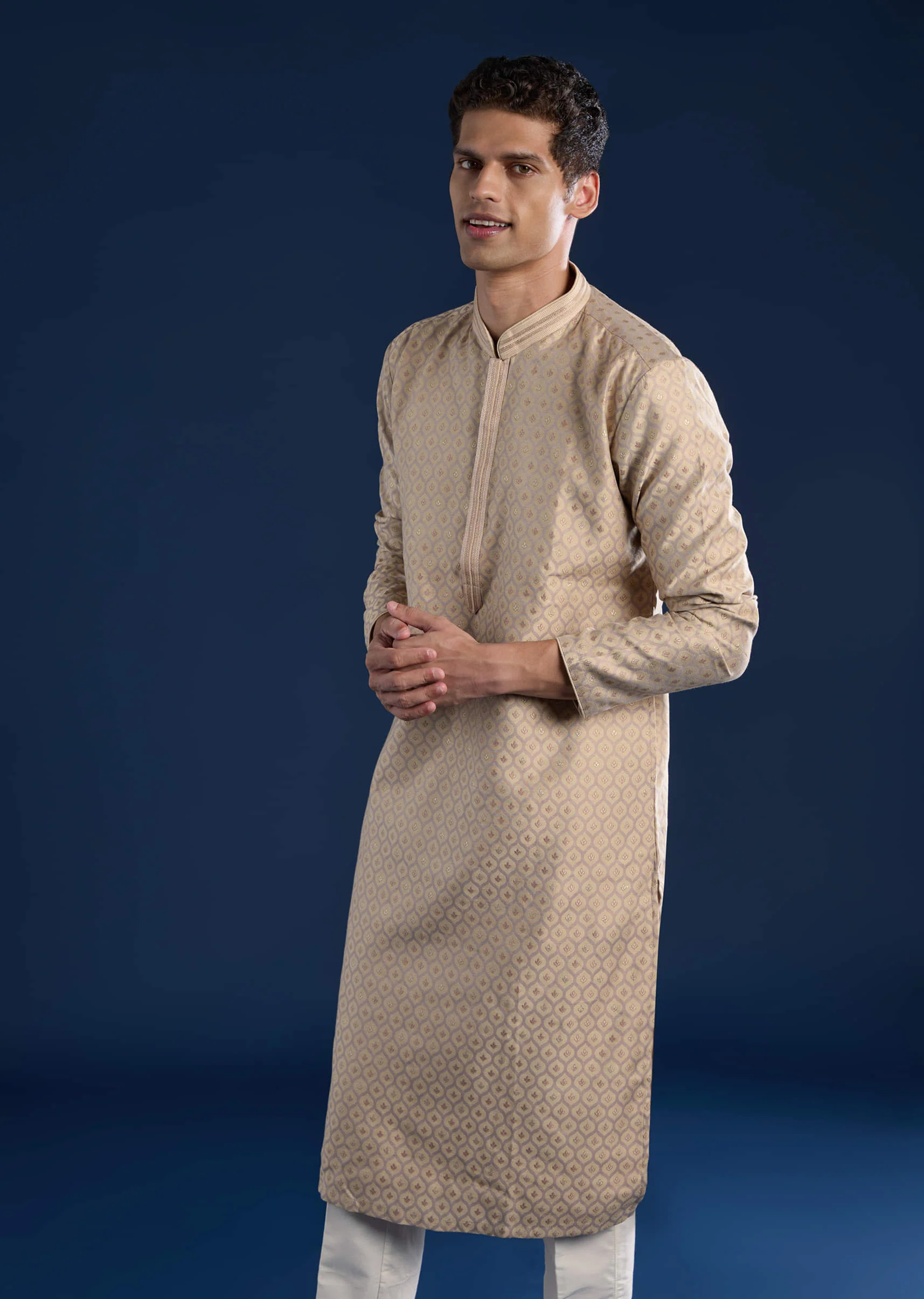 Beige Jacquard Mens Kurta Set - Image 3