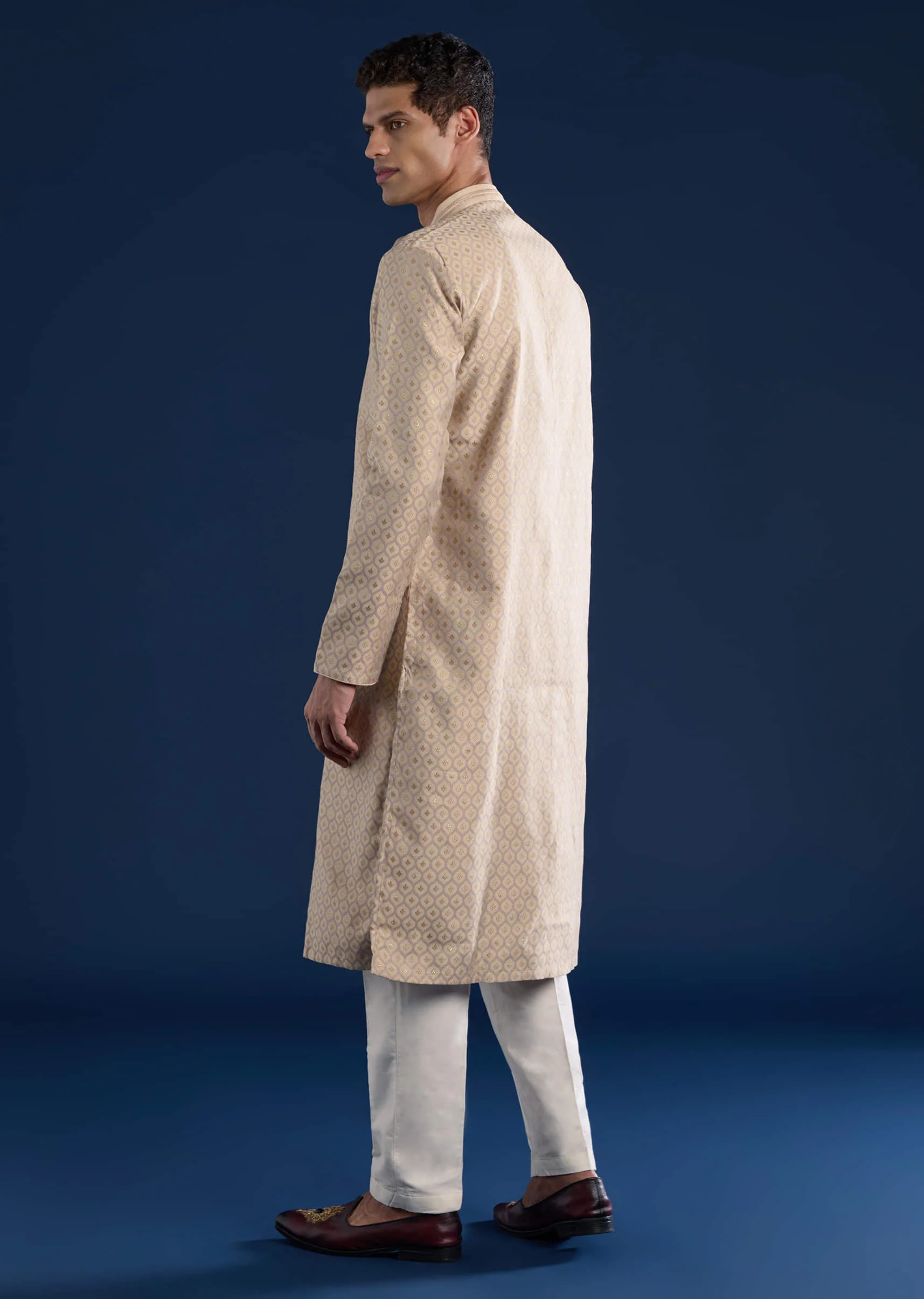 Beige Jacquard Mens Kurta Set - Image 5