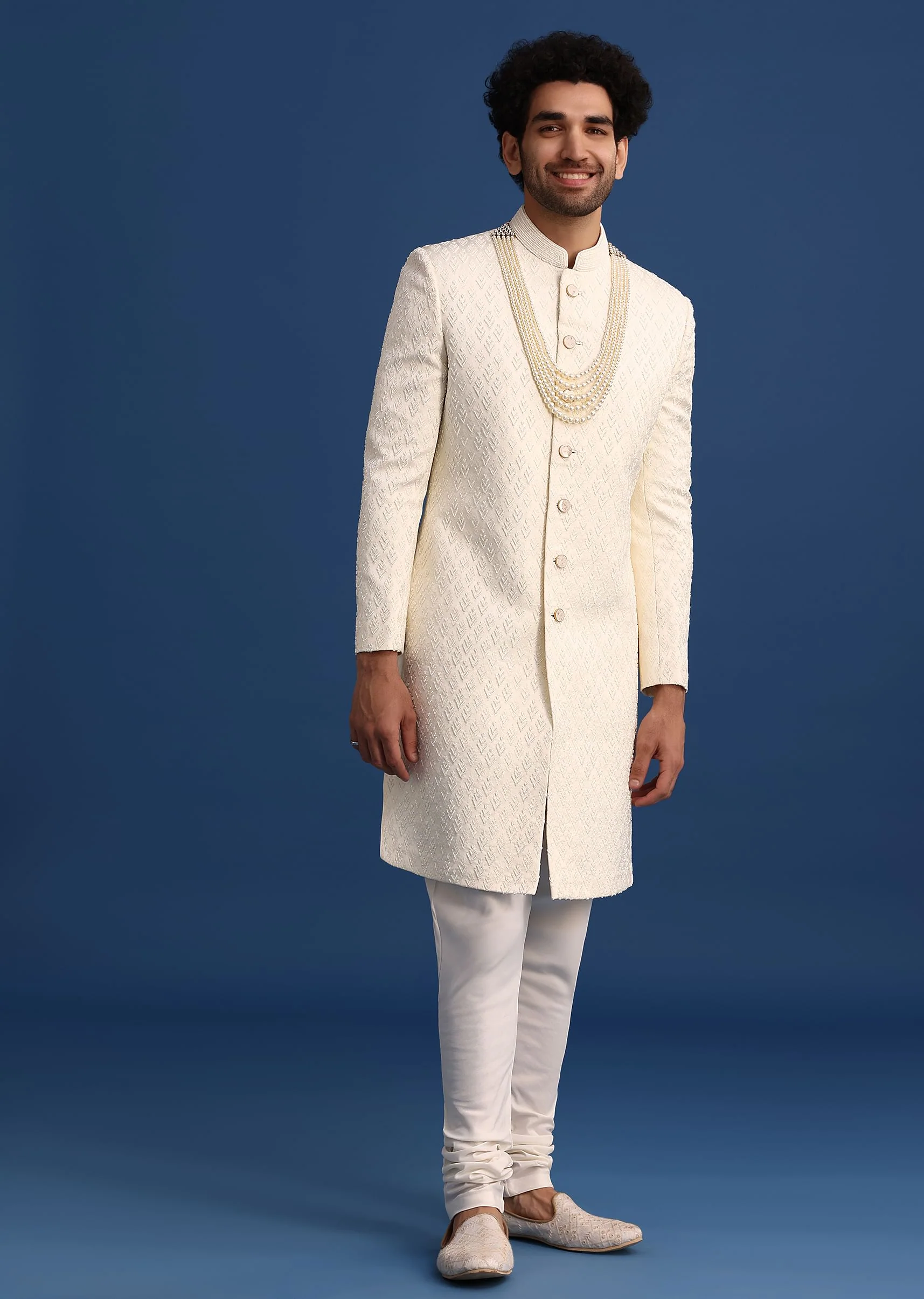 Beige Jacquard Sherwani And Kurta Set - Image 4