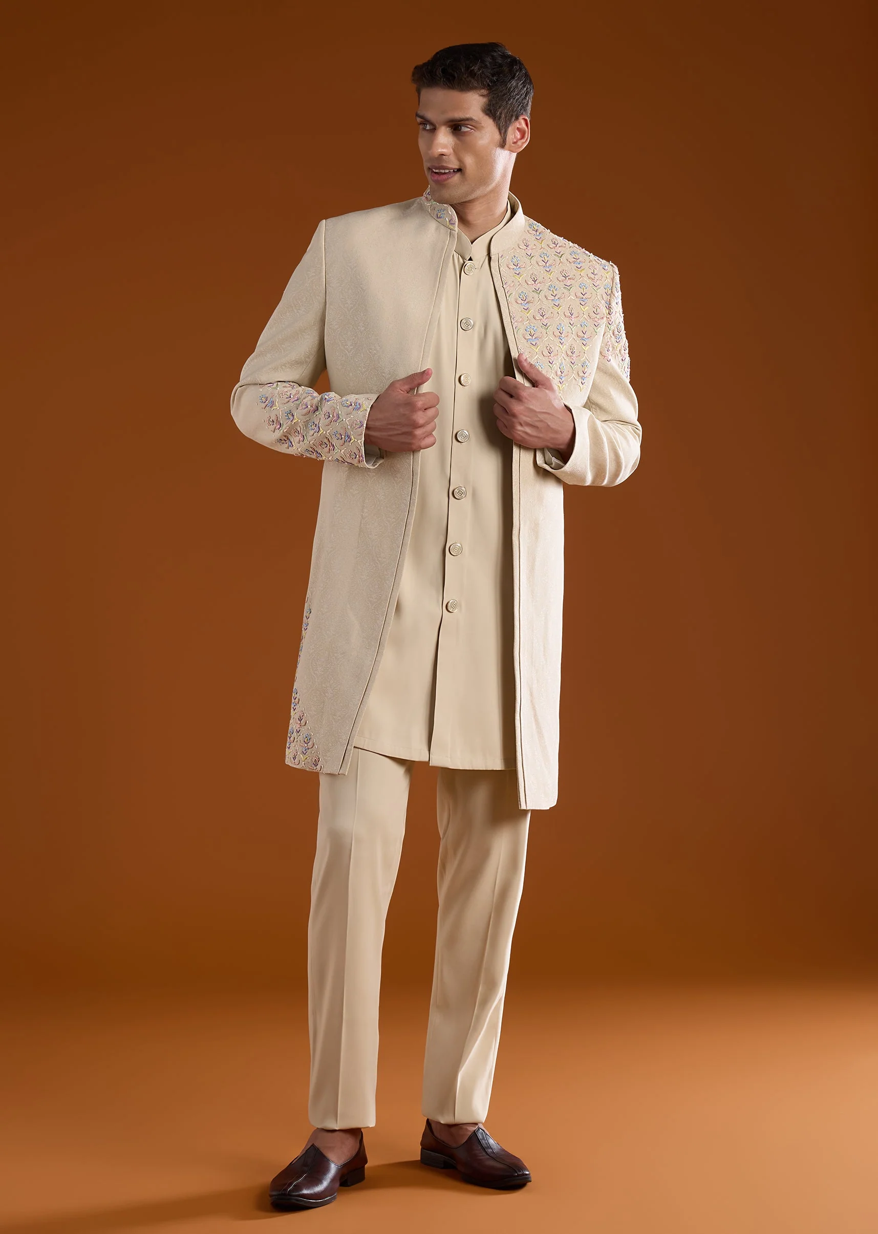 Beige Jacquard Silk Indowestern Embroidered Kurta Set - Image 2