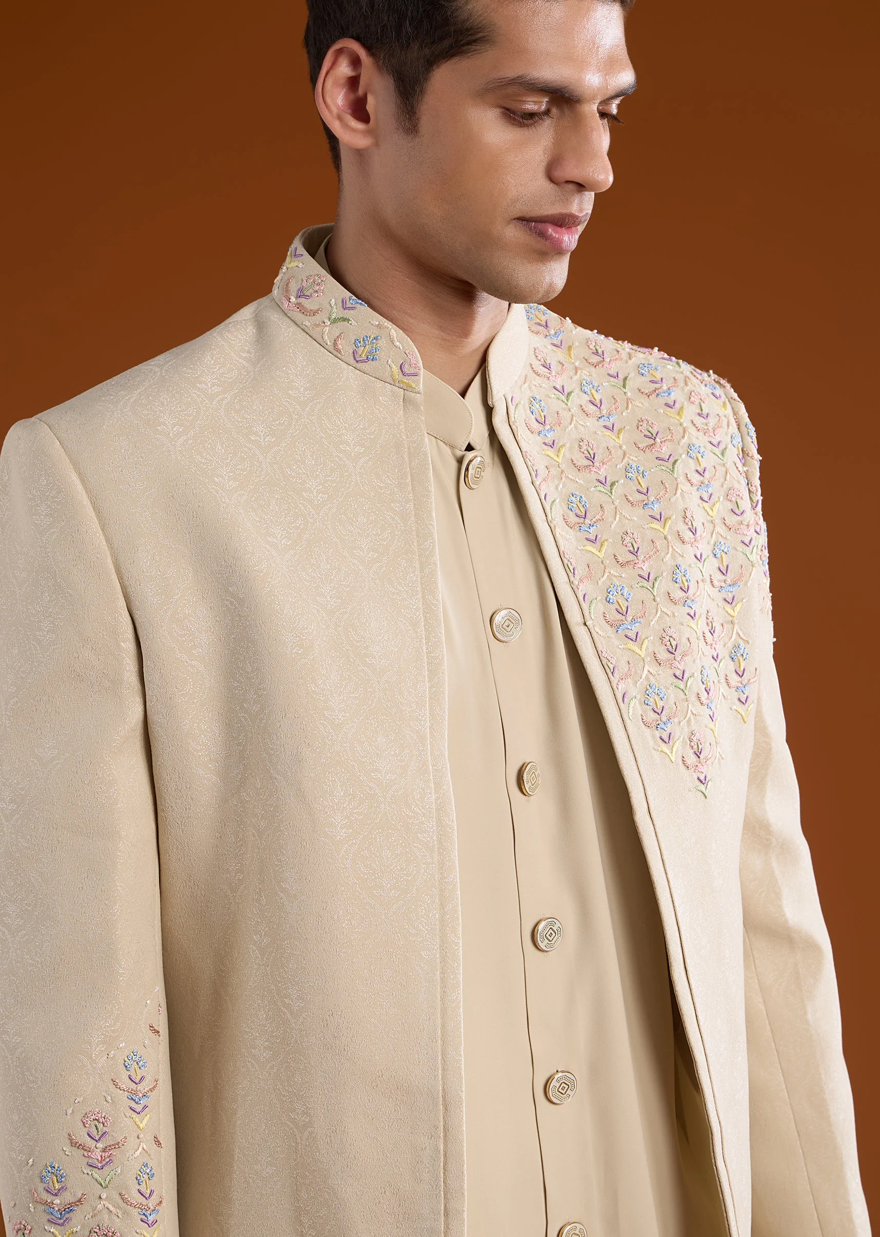 Beige Jacquard Silk Indowestern Embroidered Kurta Set - Image 3