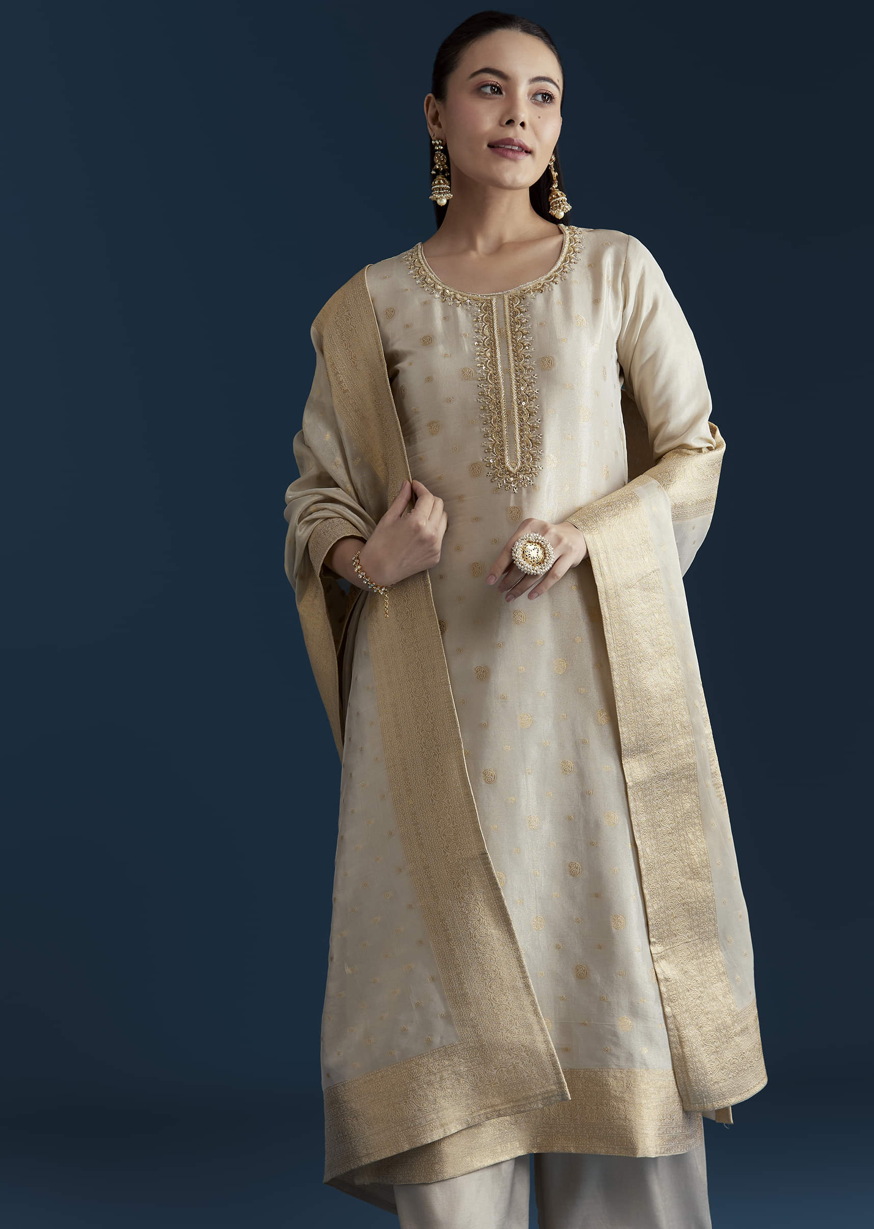 Beige Jacquard Weave Tissue Kurta Palazzo Set - Image 4