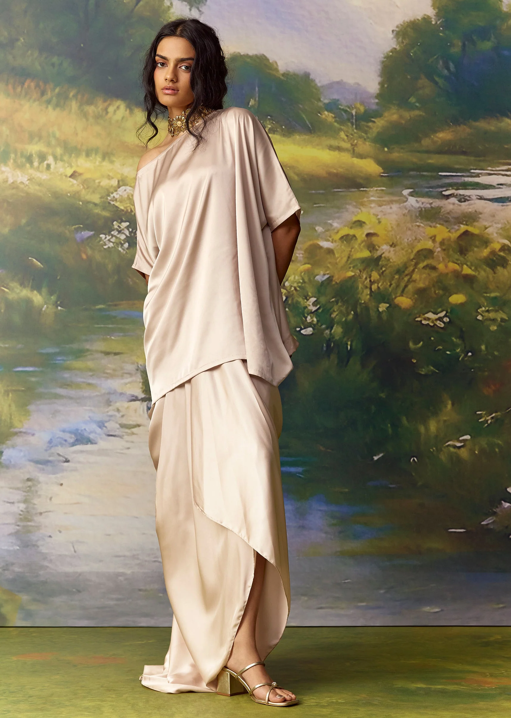 Beige Kaftan and Skirt Set with Metal Work - Image 4