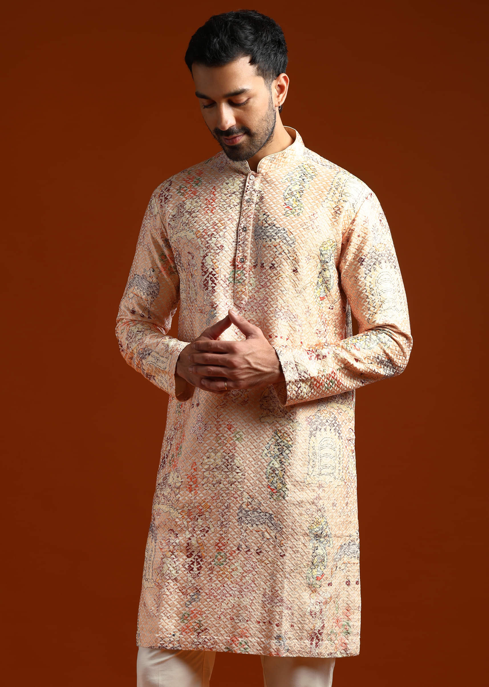 Beige Kurta Set For Men With Print And Sequins Embroidery - Image 4