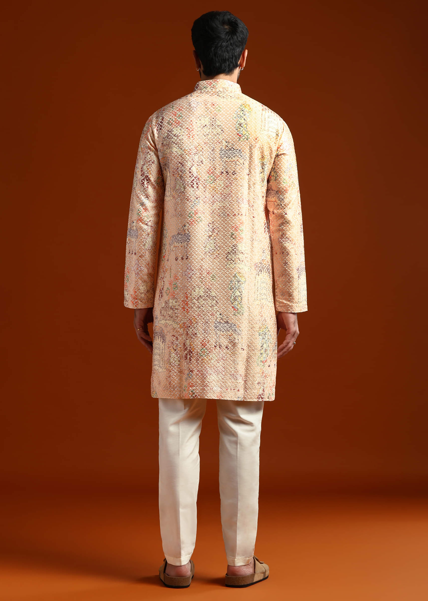 Beige Kurta Set For Men With Print And Sequins Embroidery - Image 5