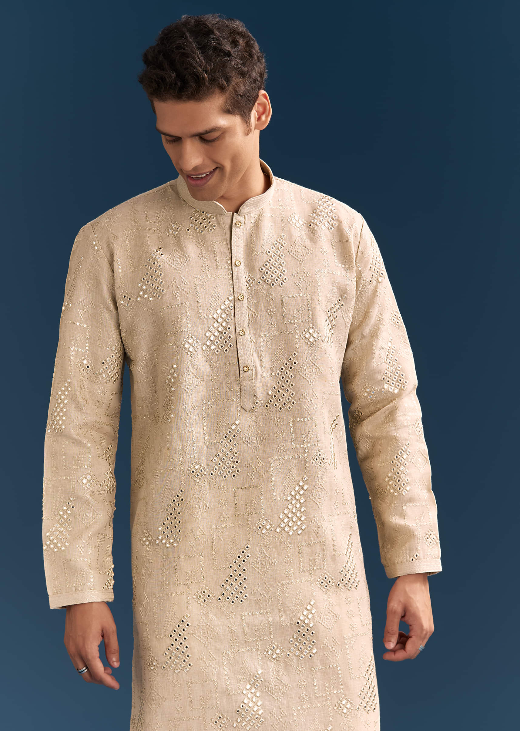 Beige Linen Kurta Set For Men With Mirror Embroidery - Image 3