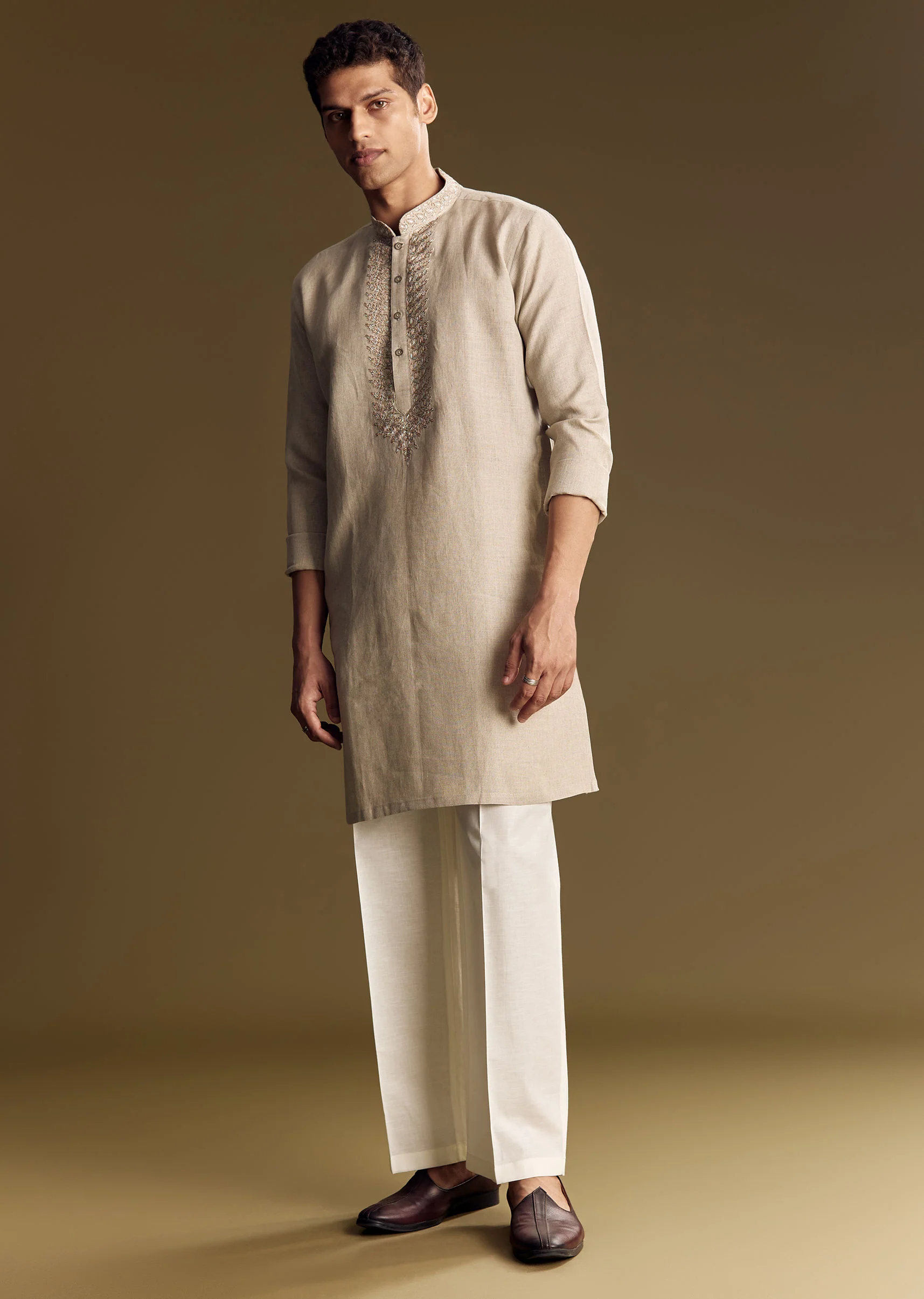 Beige Linen Kurta Set With Thread And Sequin Accents - Image 2