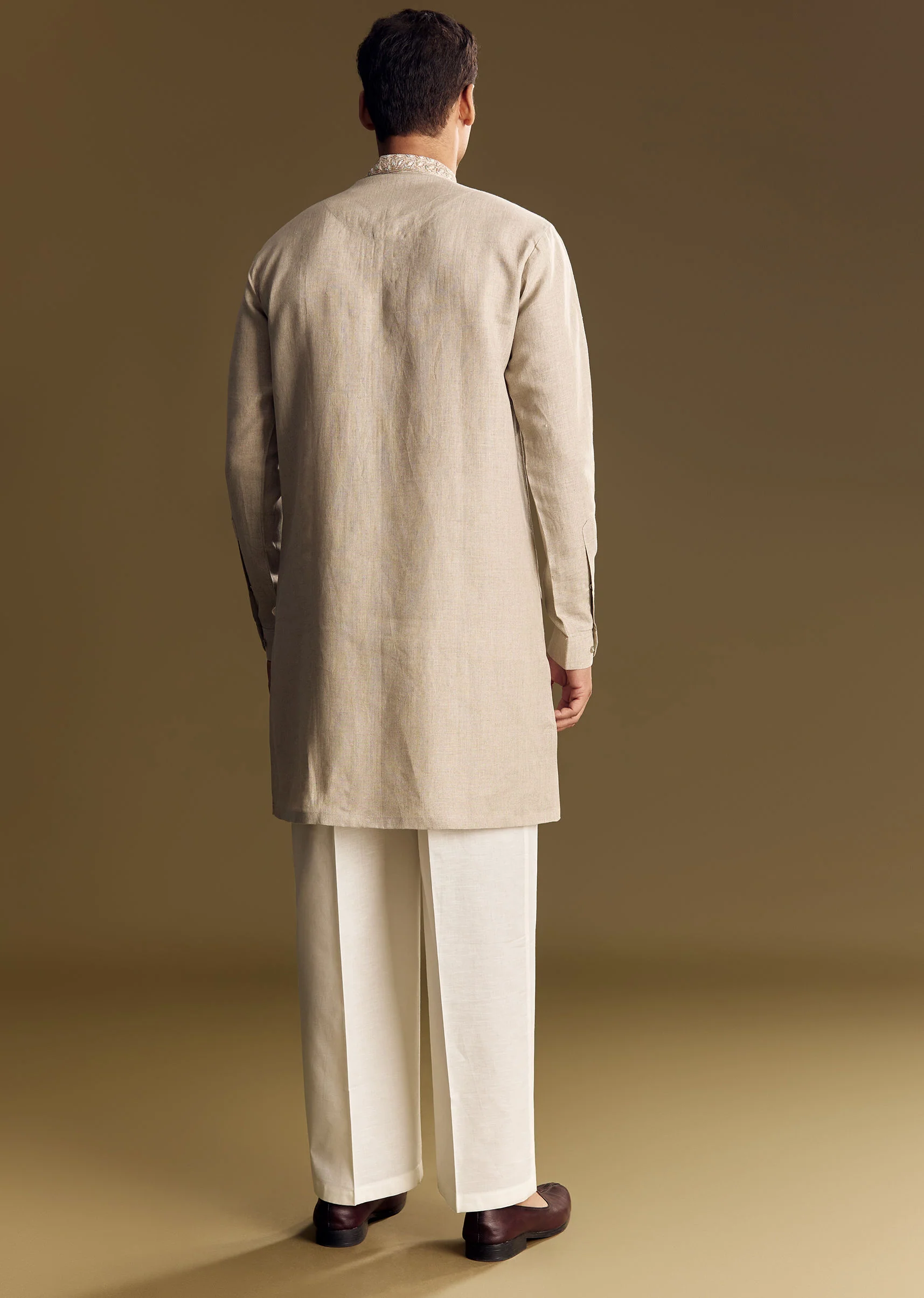 Beige Linen Kurta Set With Thread And Sequin Accents - Image 5