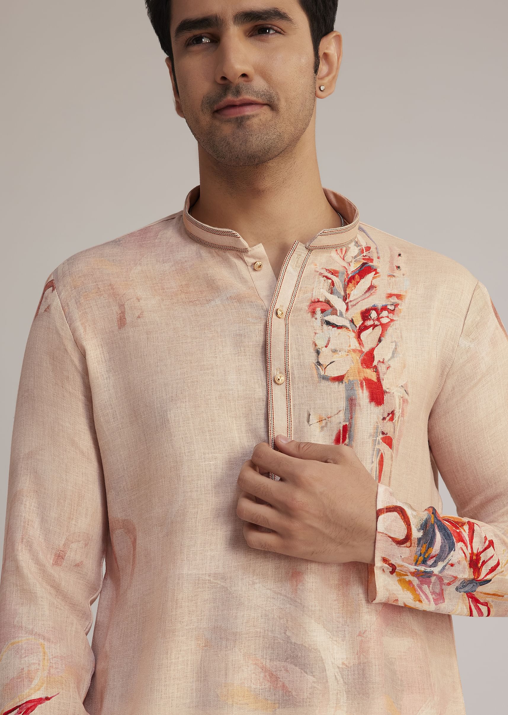 Beige Linen Kurta With Floral Print - Image 3