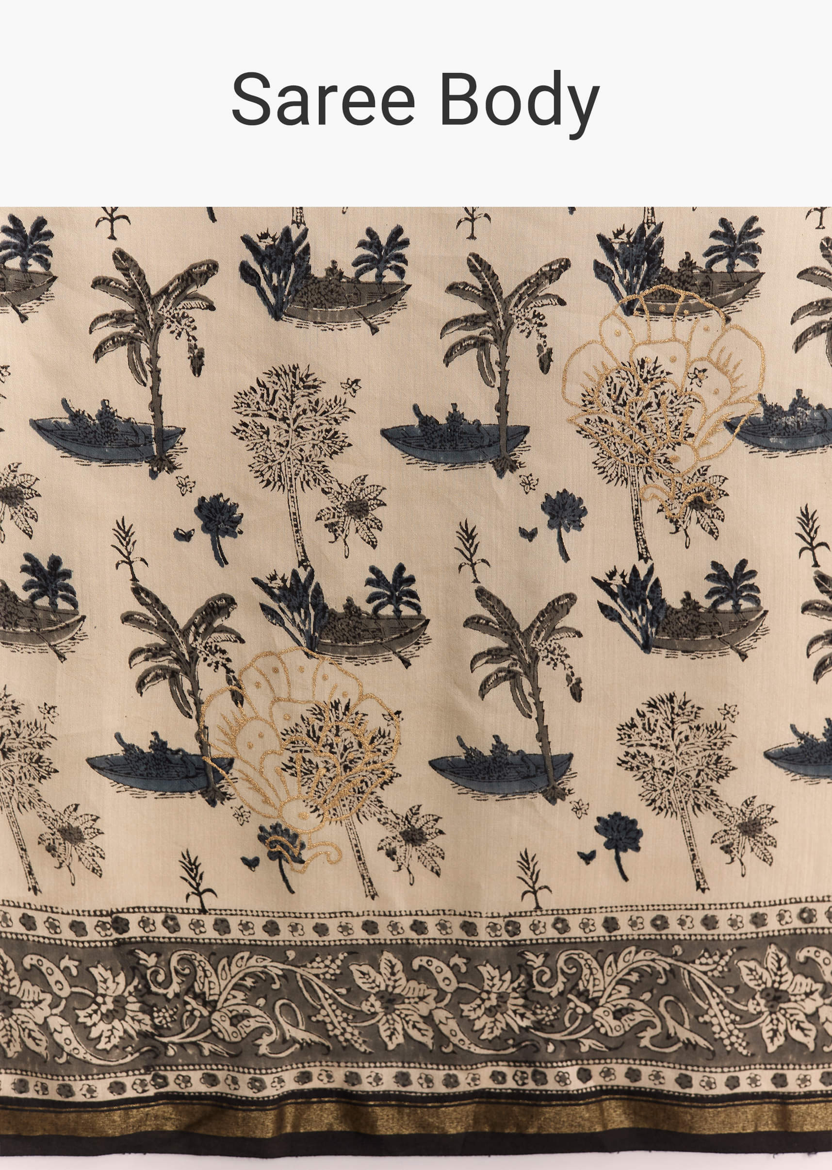 Beige Linen Saree With Black Hand Block Ajrakh Floral Print - Image 9