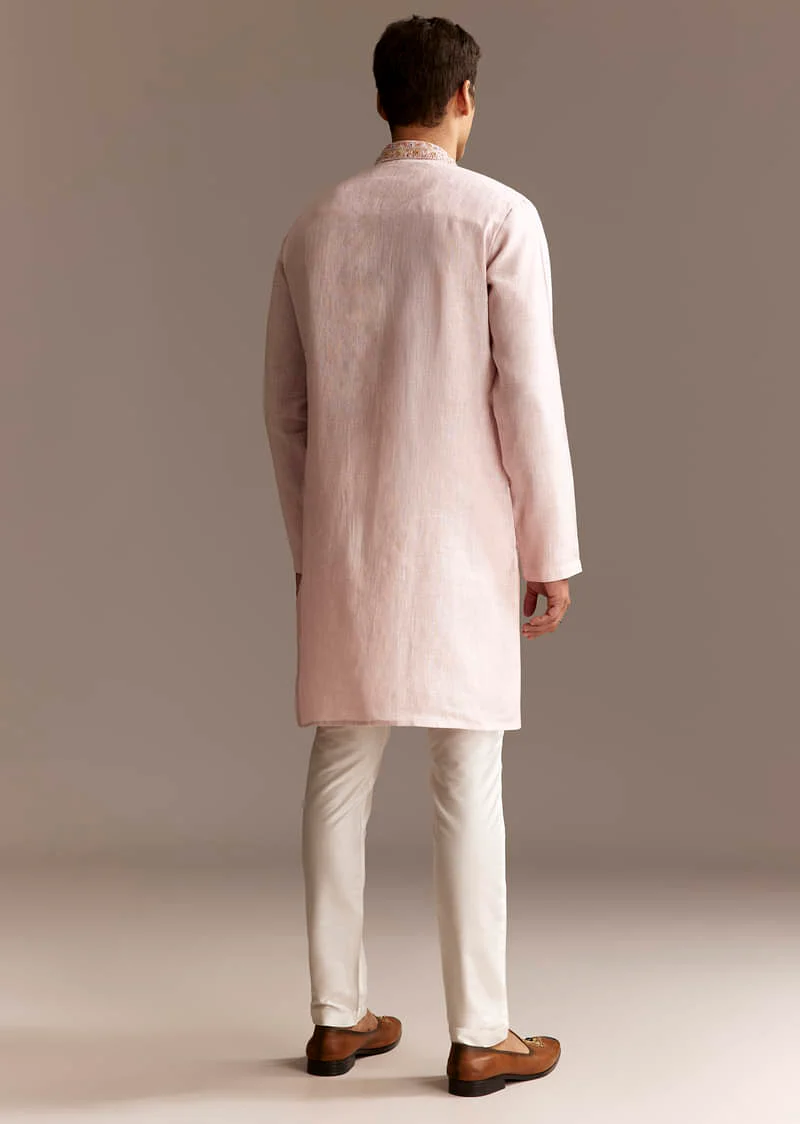 Beige Linen Thread Embroidered Kurta Set - Image 3