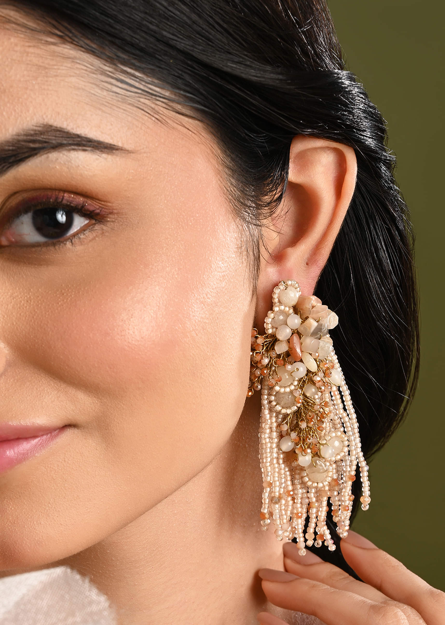 Beige Long Crystal Tassel Haldi Earrings