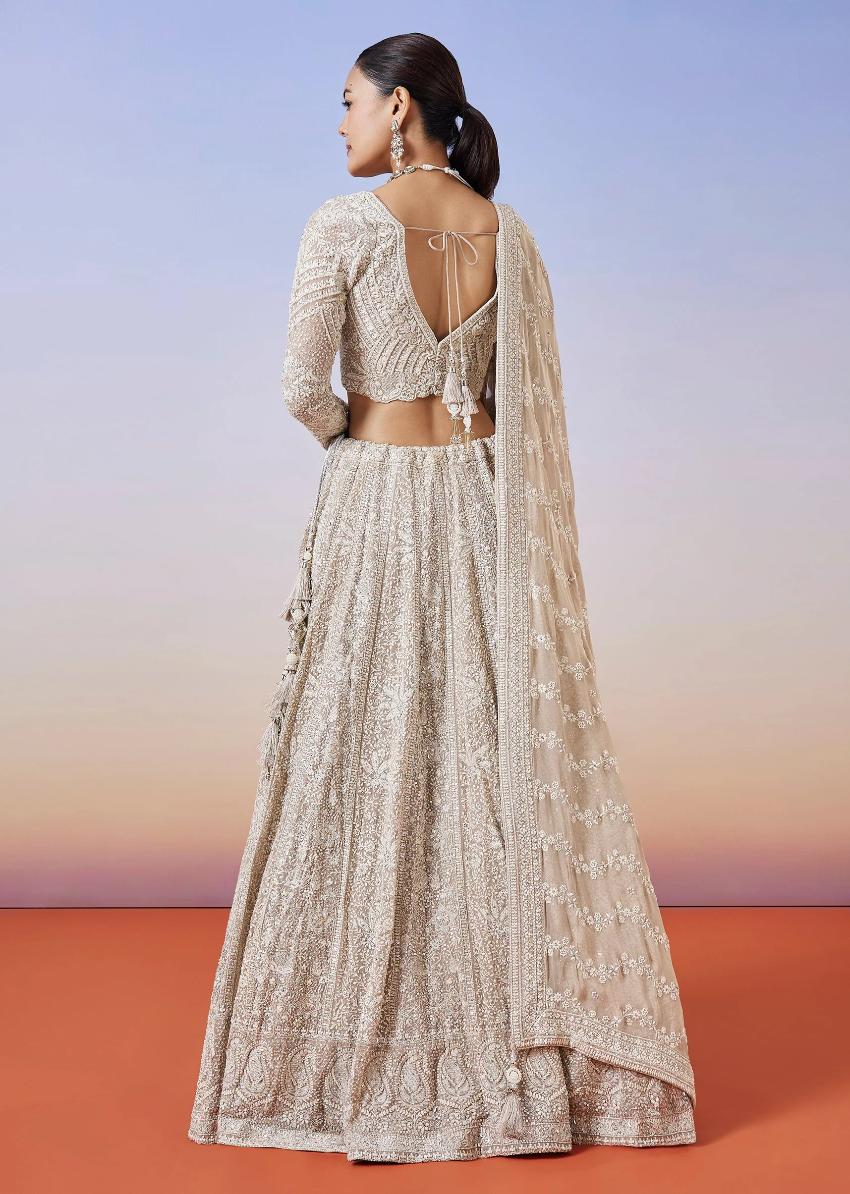 Beige Lucknowi Chikankari Lehenga With Dupatta - Image 2