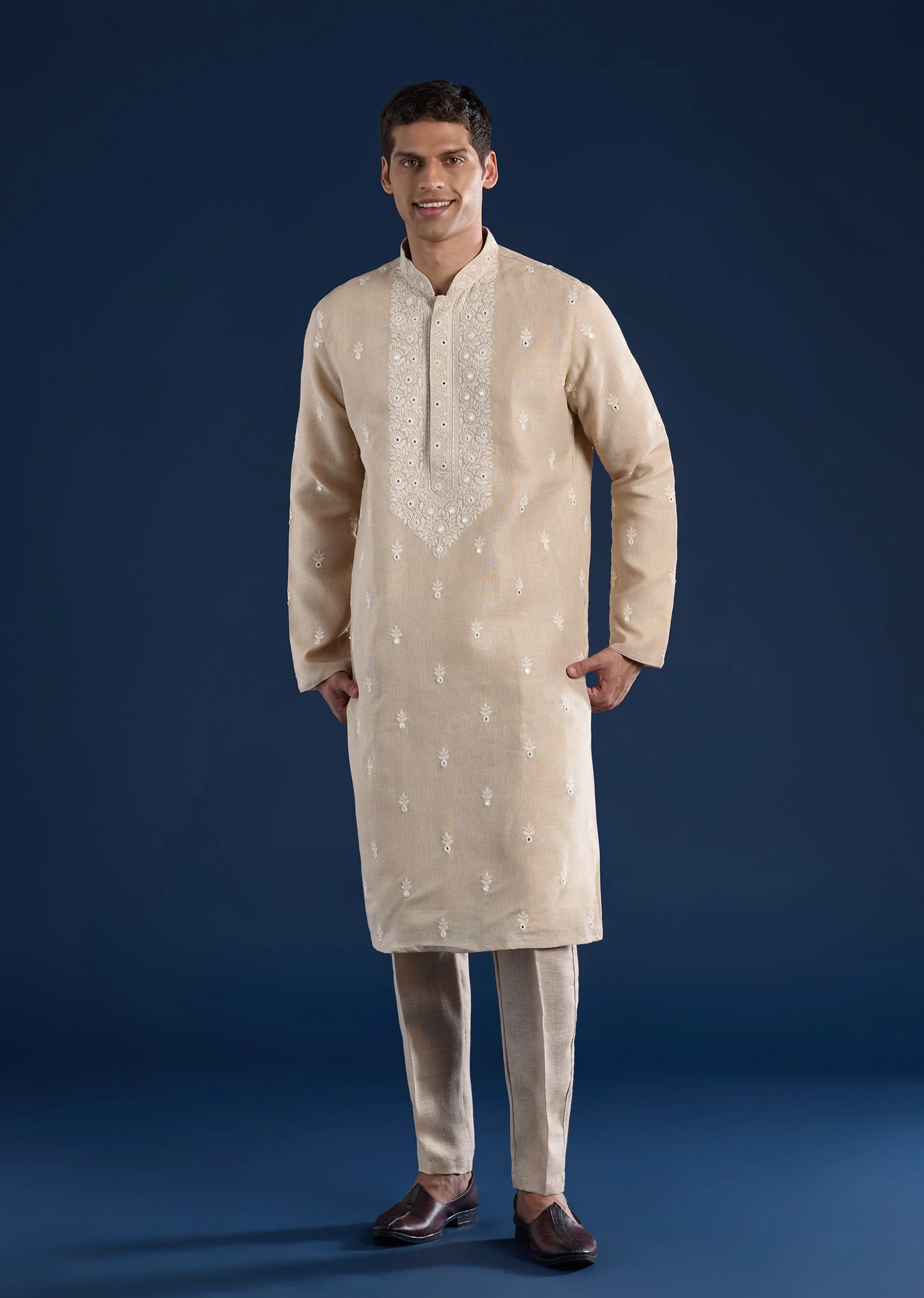 Beige Mirror Detail Kurta Set